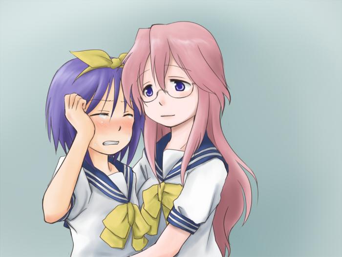 beni shouga, hiiragi tsukasa, takara miyuki, lucky star, jpeg artifacts, non-web source, 00s, blue eyes, closed eyes, glasses, hair ribbon, hug, long hair, pink hair, purple hair, ribbon, school uniform, serafuku, short hair, tears