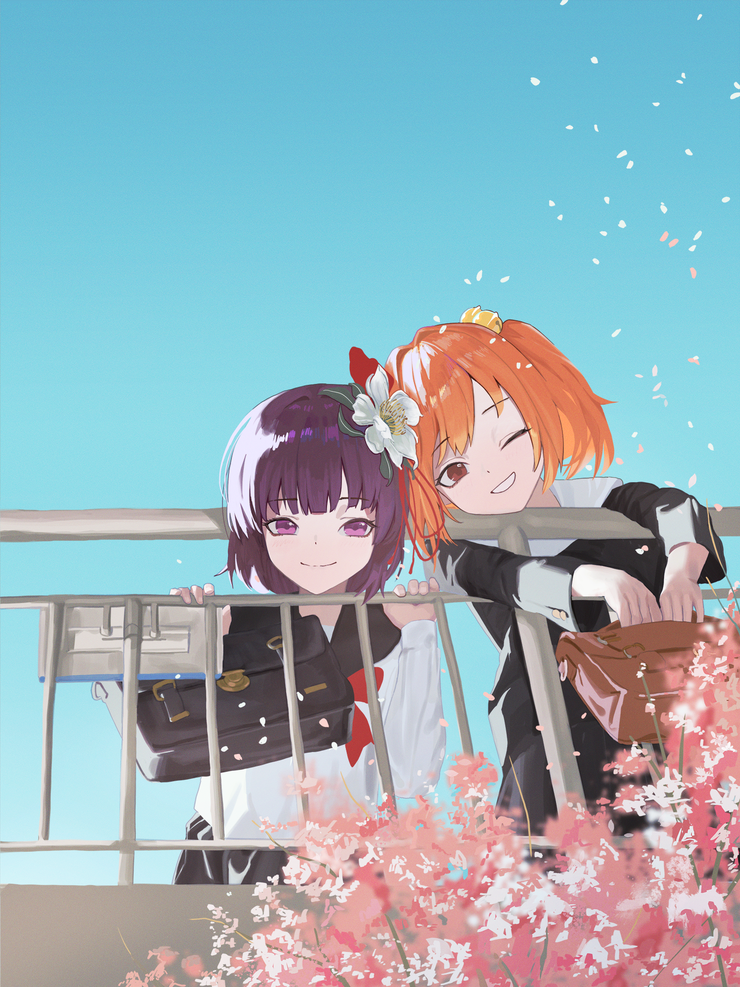 bei chelun de daquan yangcong anakin, hieda no akyuu, motoori kosuzu, touhou, chinese commentary, highres, 2girls, alternate costume, bag, black jacket, blue sky, cherry blossoms, closed mouth, flower pin, from above, grin, holding, holding bag, jacket, long sleeves, looking at viewer, medium hair, multiple girls, one eye closed, orange eyes, orange hair, parted lips, petals, purple eyes, purple hair, school bag, school uniform, serafuku, shirt, sky, smile, teeth, white shirt