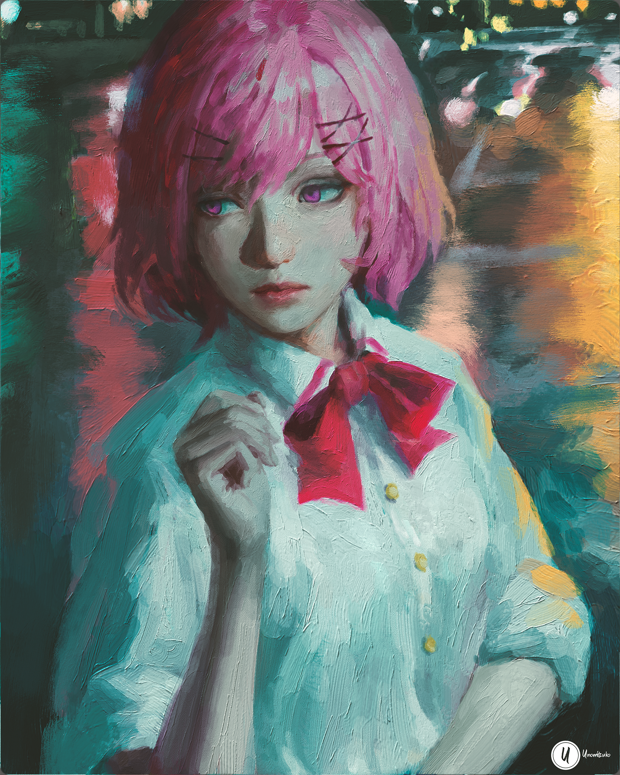 xianggang jizhe, amaori renako, watashi ga koibito ni nareru wake naijan murimuri!, absurdres, commentary, highres, 1girl, artist name, bow, bowtie, closed mouth, collared shirt, expressionless, hair ornament, medium hair, night, outdoors, pink hair, purple eyes, red bow, red bowtie, shirt, sleeves rolled up, solo, white shirt, x hair ornament