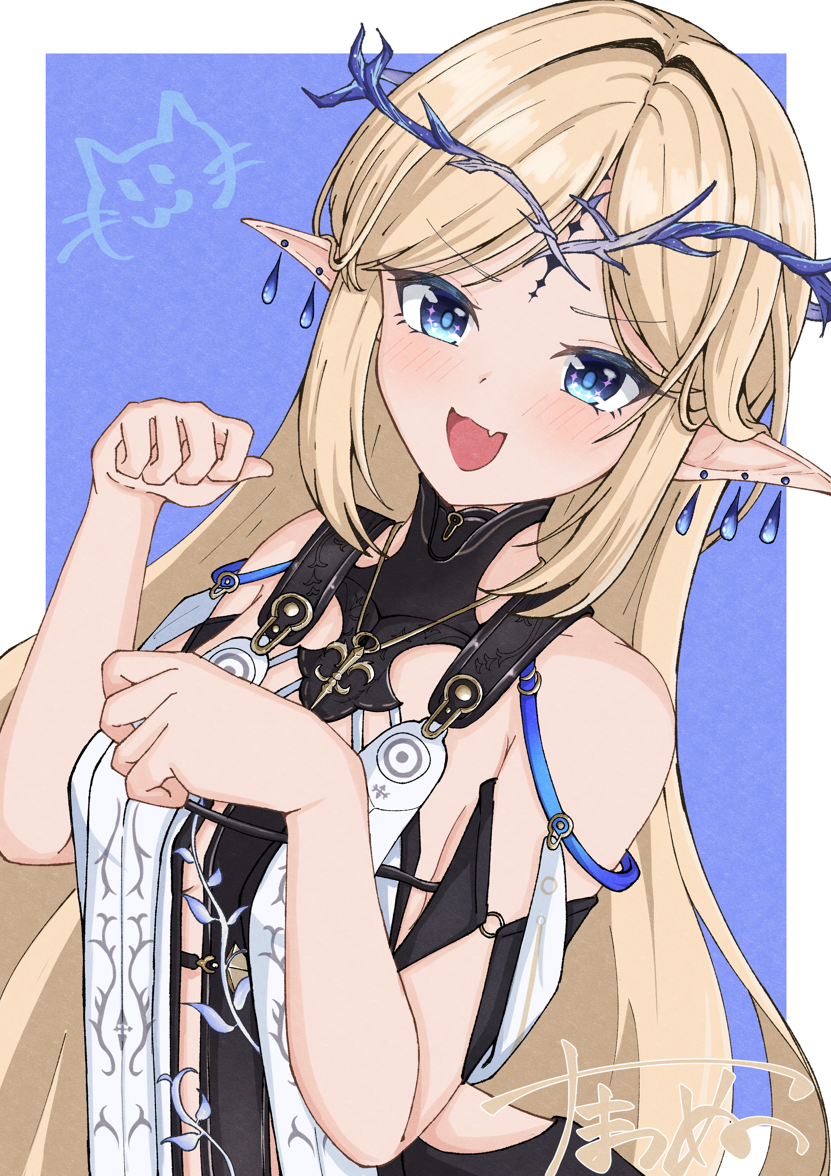 tama es45 nyan, cartethyia (wuthering waves), wuthering waves, absurdres, commentary request, highres, partial commentary, 1girl, anger vein, bare shoulders, black collar, black dress, blonde hair, border, breasts, collar, crown of thorns, dress, earrings, hands up, jewelry, light blush, long hair, medium breasts, multiple earrings, necklace, open mouth, parted bangs, pointy ears, purple background, sidelocks, smile, solo, tacet mark (wuthering waves), upper body, very long hair, white border