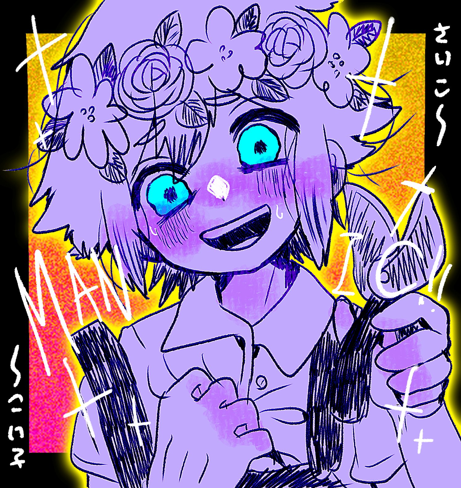 syumino e, basil (headspace) (omori), basil (omori), omori, highres, translation request, blue eyes, blush, collared shirt, double-parted bangs, flower wreath, gardening shears, greyscale with colored background, hair between eyes, head wreath, looking at viewer, male focus, open mouth, overalls, shirt, short hair, short sleeves, sidelocks, smile, spot color, sweat, teeth, upper teeth only