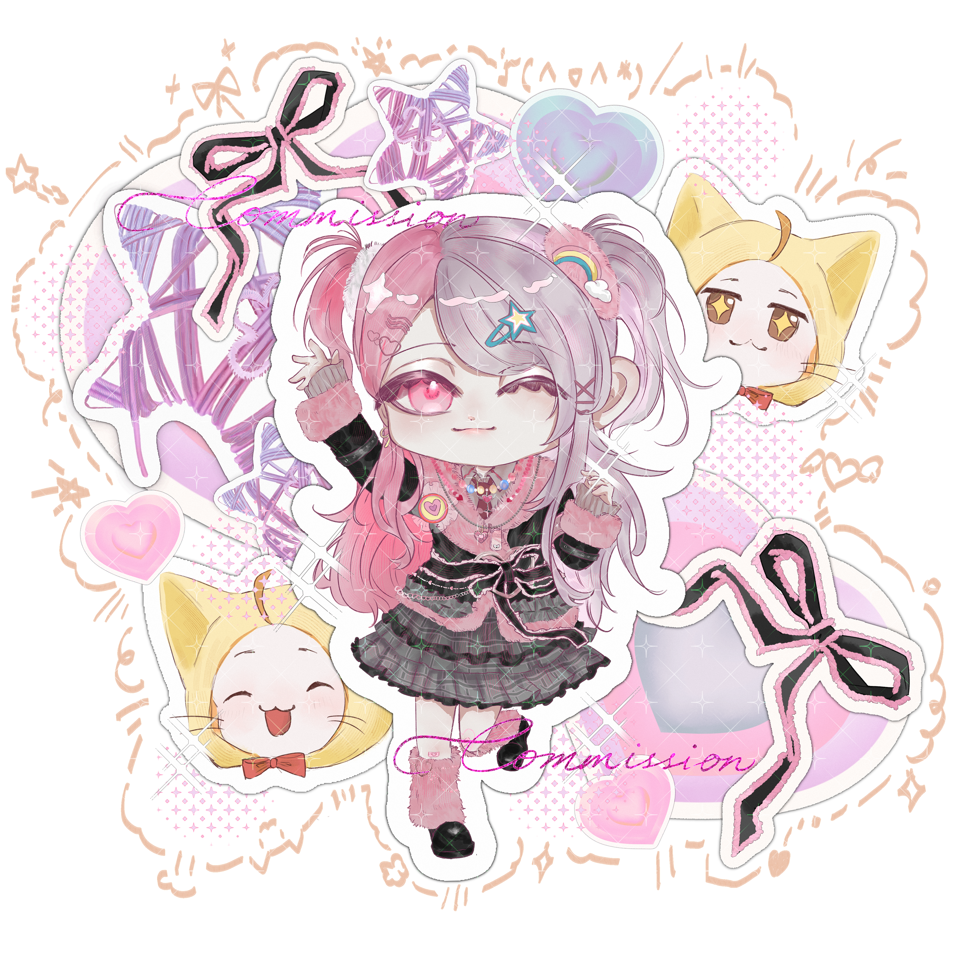 momo (nikki), rosie sweetheart (infinity nikki), whimstar (infinity nikki), infinity nikki, nikki (series), absurdres, commission, highres, + +, 1girl, :3, ^ ^, ahoge, animal, arm up, badge, bead necklace, beads, black jacket, black ribbon, black shoes, brown eyes, cat, chibi, closed eyes, closed mouth, clothed animal, collared shirt, dot nose, dress shoes, ear covers, everywherecoin, eyelashes, eyes visible through hair, frilled skirt, frilled wrist cuffs, frills, fur-trimmed jacket, fur-trimmed sleeves, fur trim, grey skirt, gyaru, hair ornament, hair scrunchie, hairclip, halftone, halftone background, happy, head only, heart, heart hair ornament, hood, hood up, jacket, jewelry, leg up, leg warmers, lipstick, long hair, long sidelocks, long sleeves, looking at viewer, makeup, miniskirt, multicolored hair, multiple views, necklace, necktie, one eye closed, outline, parallel hairclips, pink arm warmers, pink eyes, pink hair, pink leg warmers, pink lips, pink necktie, pink scrunchie, pink shirt, plaid clothes, plaid necktie, plaid skirt, pleated skirt, rainbow hair ornament, ribbon, scrunchie, shirt, shoes, sidelocks, skirt, smile, sparkle, sparkling eyes, split-color hair, standing, star (symbol), star hair ornament, swept bangs, transparent background, two side up, very long hair, waist ribbon, watermark, white cat, white outline, white scrunchie, wrist cuffs, x hair ornament, y2k fashion, yarn, yellow hood