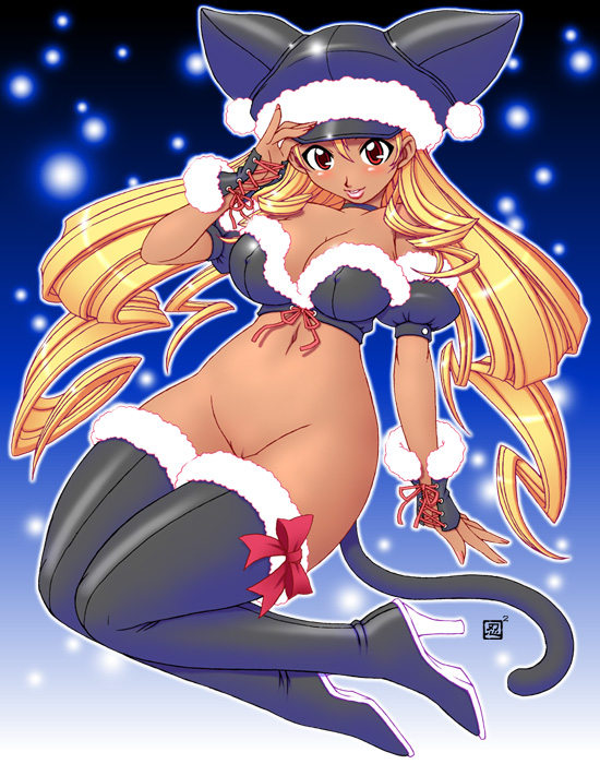kenix, original, animal ears, blonde hair, breasts, brown eyes, cat ears, cat tail, christmas, cleft of venus, dark-skinned female, dark skin, large breasts, pussy, red eyes, solo, tail, thighhighs, uncensored