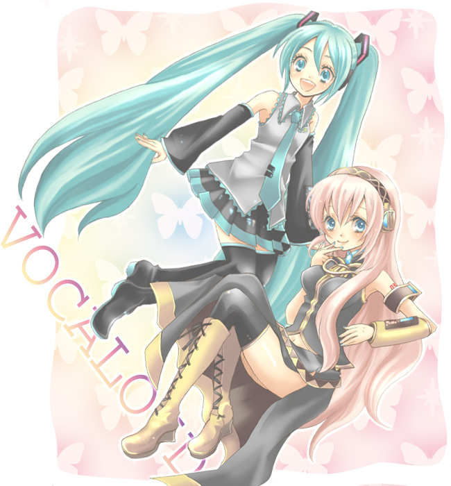 hoshino (d-magic), hoshino (nia hoshino), hatsune miku, megurine luka, vocaloid, 2girls, aqua hair, boots, bug, butterfly, detached sleeves, knee boots, long hair, multiple girls, necktie, skirt, thighhighs, twintails, very long hair