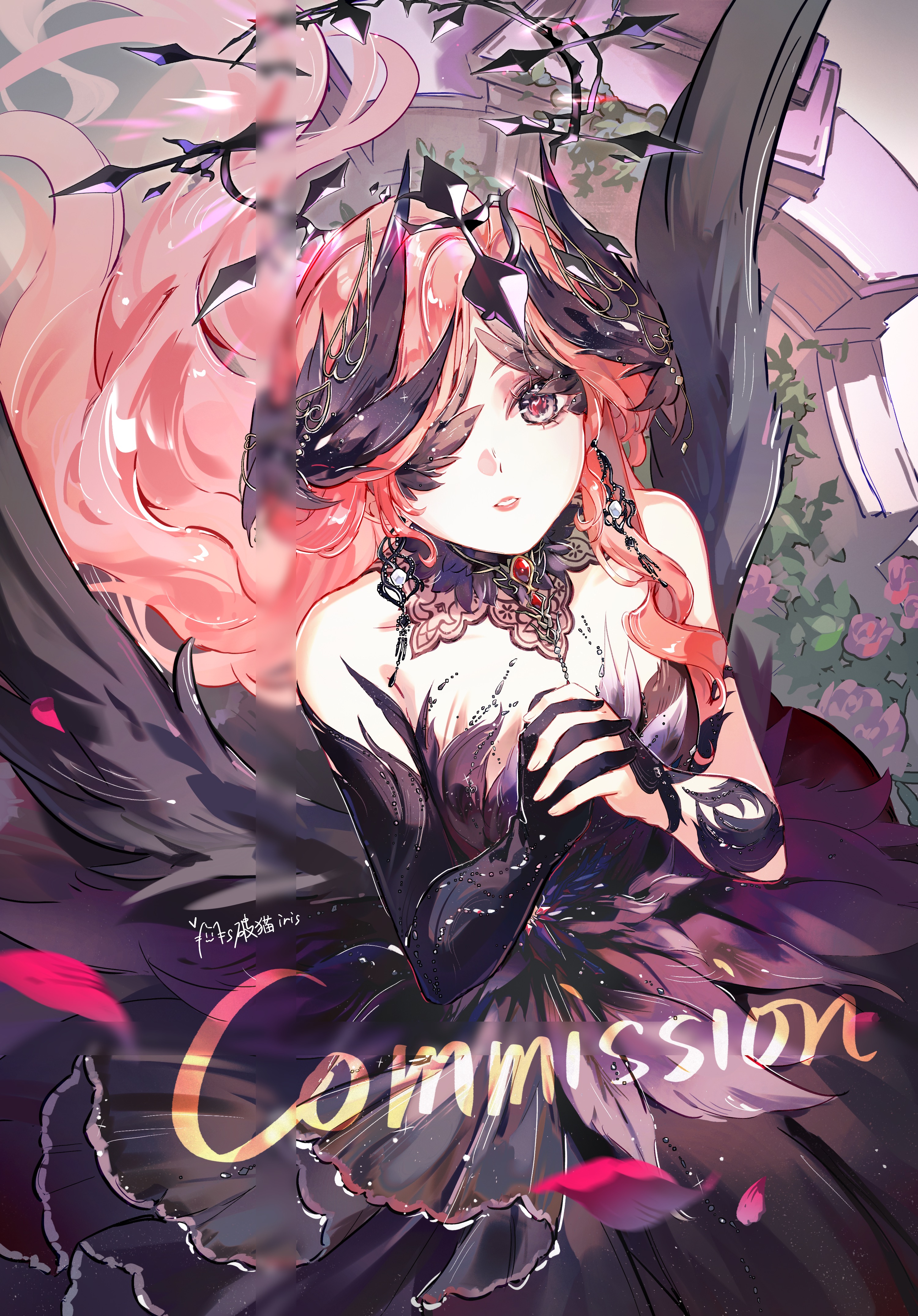 yizhixiaopomao, crimson feather (infinity nikki), infinity nikki, nikki (series), absurdres, chinese commentary, commentary request, commission, highres, 1girl, absurdly long hair, arm warmers, asymmetrical sidelocks, bare shoulders, bird wings, black arm warmers, black collar, black dress, black gloves, black halo, black wings, breasts, collar, collarbone, cowboy shot, dot nose, dress, earrings, elbow gloves, expressionless, eyelashes, feather-trimmed dress, feather-trimmed gloves, feathered wings, floating hair, from above, gem, gloves, gown, grey eyes, hair ornament, halo, interlocked fingers, jewelry, lace collar, large breasts, light particles, lipstick, long dress, long hair, long sidelocks, looking at viewer, makeup, one eye closed, own hands clasped, own hands together, parted lips, pillar, red gemstone, red hair, red lips, red pupils, sidelocks, signature, single arm warmer, single elbow glove, solo, spiked halo, spread wings, strapless, strapless dress, teeth, very long hair, watermark, wavy hair, wing hair ornament, wings