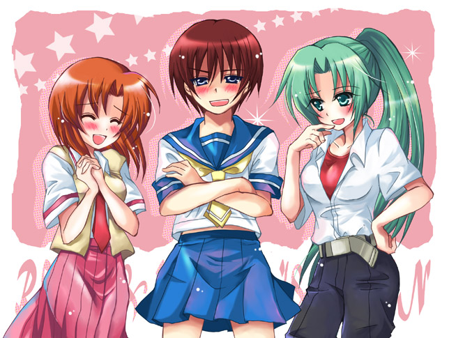 hazuki megumi, maebara keiichi, ryuuguu rena, sonozaki mion, higurashi no naku koro ni, non-web source, 1boy, 2girls, blue eyes, blush, brown hair, closed eyes, cosplay, costume switch, crossdressing, green eyes, hand on own hip, hip focus, laughing, long hair, multiple girls, necktie, open mouth, own hands clasped, own hands together, ponytail, red necktie, school uniform, serafuku, short hair, smile