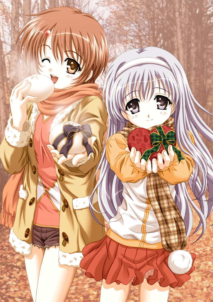 takayashiki haruka, takayashiki matsuri, kazoku keikaku, silver hair, non-web source, 2girls, brown eyes, brown hair, food, gift, grey eyes, long hair, multiple girls, one eye closed, scarf, short hair, steamed bun, valentine, wink, winter