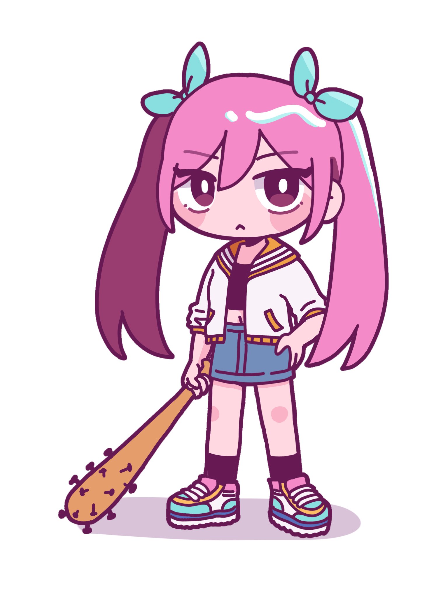 kato (momota rosan), aubrey (faraway) (omori), aubrey (omori), omori, highres, 1girl, :<, alternate hairstyle, baseball bat, black eyes, black socks, blue ribbon, blue skirt, blush, chibi, chibi only, closed mouth, crop top, denim, denim skirt, double-parted bangs, full body, hair between eyes, hair ribbon, hand on own hip, holding, holding baseball bat, jacket, nail (hardware), nail bat, pink hair, ribbon, shoes, short-sleeved jacket, short sleeves, sidelocks, simple background, skirt, sneakers, socks, solo, white background, white jacket