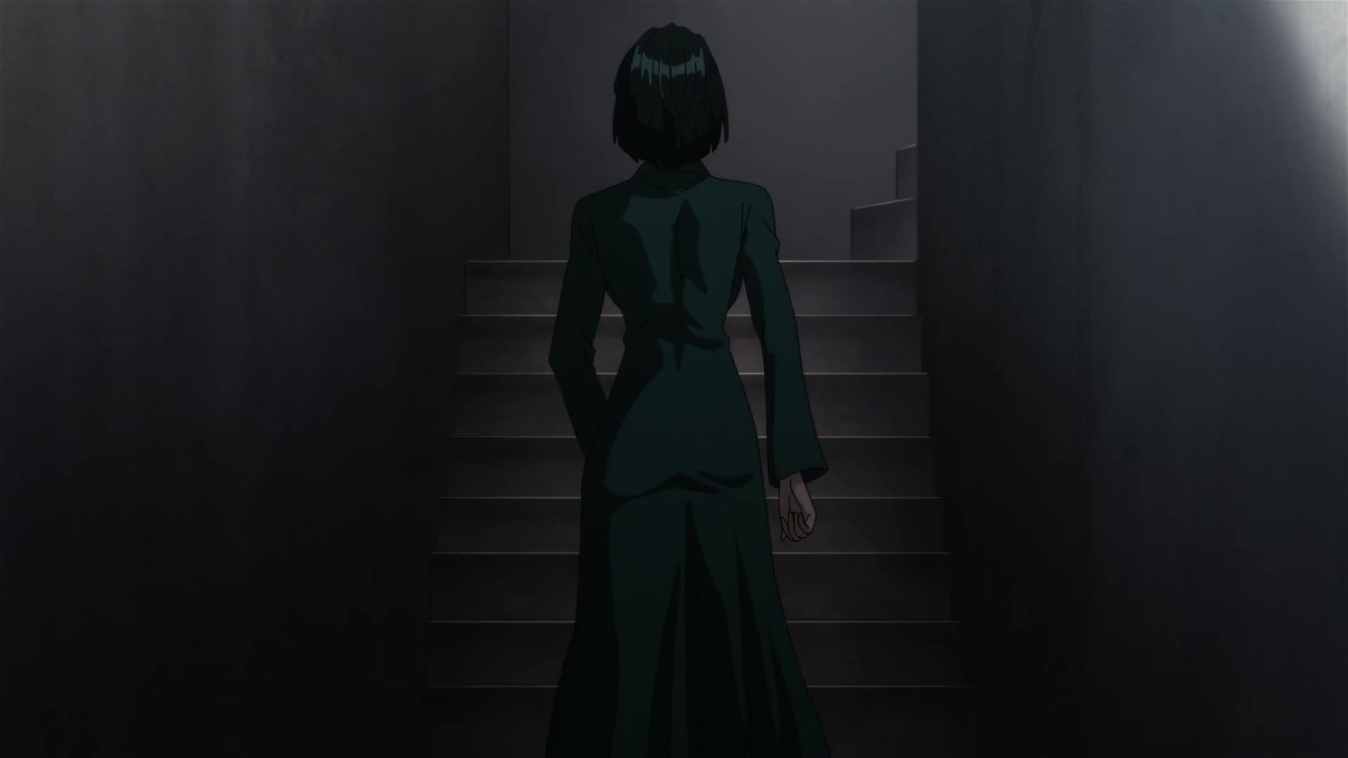 fubuki (one-punch man), one-punch man, animated, anime screenshot, tagme, video, 1girl, ass, ass focus, backboob, black hair, breasts, dress, female focus, green dress, large breasts, medium breasts, stairs, taut clothes, taut dress, walking