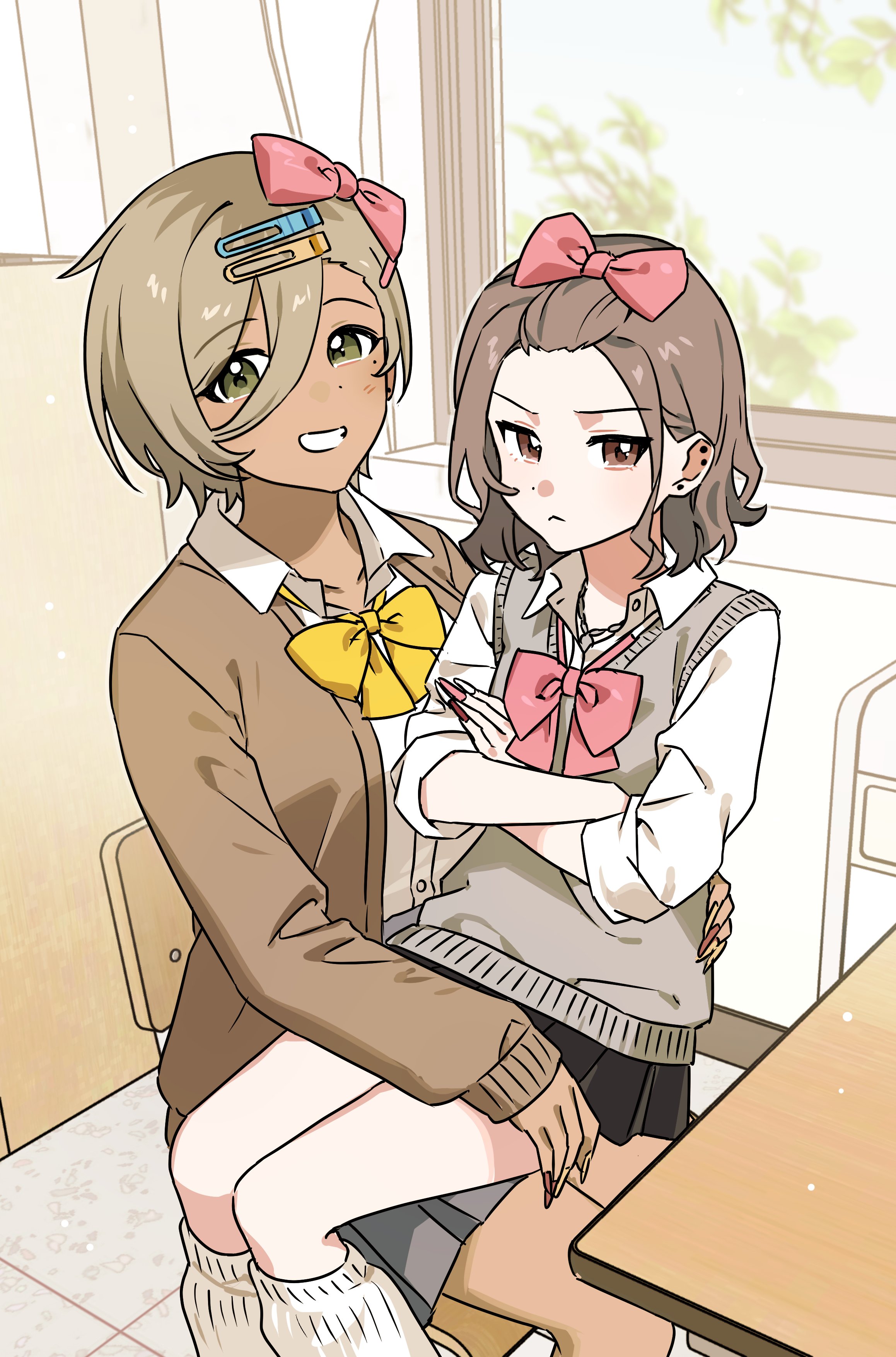 habsida (habsida hpy), ebizuka tomo, rupa (girls band cry), girls band cry, absurdres, commentary request, highres, 2girls, black skirt, blazer, blush, bow, bowtie, brown hair, brown jacket, chair, classroom, closed mouth, collared shirt, crossed arms, dark-skinned female, dark skin, desk, ear piercing, fingernails, green eyes, grey sweater vest, grin, gyaru, hair bow, hair ornament, hairclip, jacket, long fingernails, looking at viewer, loose socks, medium hair, mole, mole under eye, multiple girls, open mouth, piercing, pink bow, pink bowtie, pink eyes, pleated skirt, school chair, school desk, school uniform, shirt, short hair, sitting, sitting on lap, sitting on person, skirt, smile, socks, sweater vest, white shirt, white socks, yellow bow, yellow bowtie, yuri