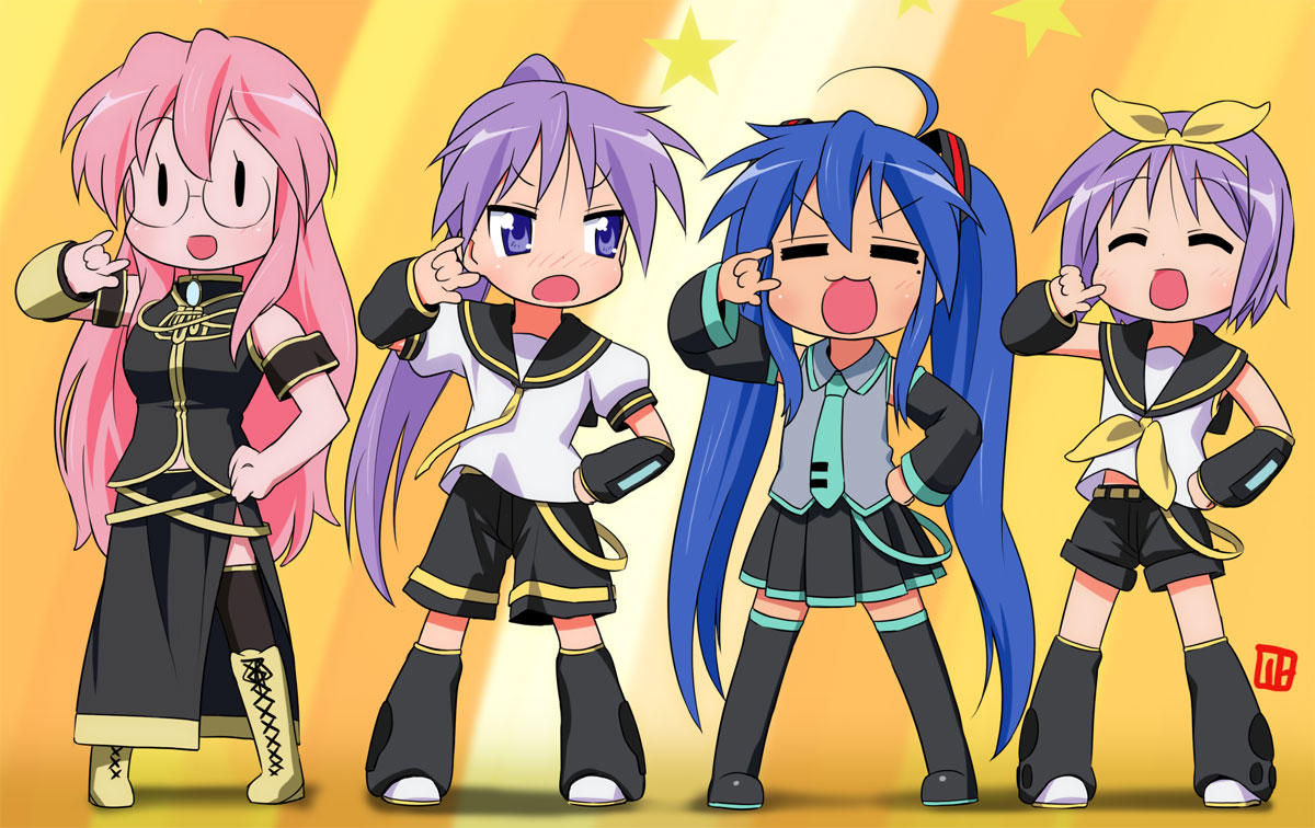 nagian, hatsune miku, hiiragi kagami, hiiragi tsukasa, izumi konata, kagamine len, kagamine rin, megurine luka, takara miyuki, lucky star, vocaloid, bad id, bad pixiv id, 4girls, :3, = =, m/, ahoge, blue hair, chibi, cosplay, hatsune miku (cosplay), kagamine len (cosplay), kagamine rin (cosplay), megurine luka (cosplay), mole, mole under eye, multiple girls, parody, ponytail, seikan hikou, siblings, sisters, thighhighs, twins, twintails, | |