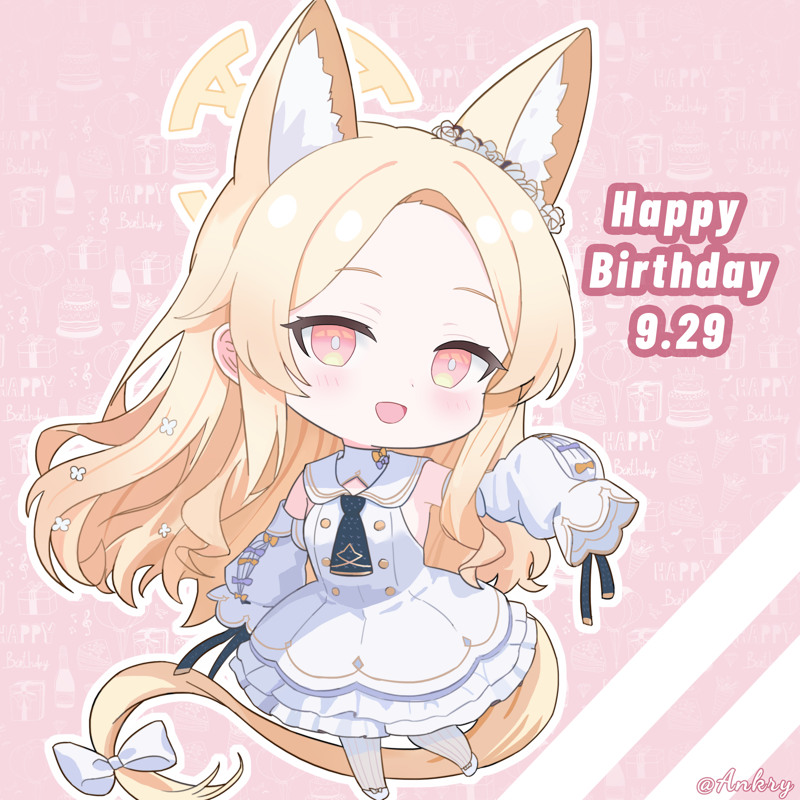 ankry, seia (blue archive), blue archive, absurdres, chinese commentary, commentary request, highres, 1girl, :d, animal ear fluff, animal ears, artist name, bare shoulders, blonde hair, blush, bow, bright pupils, chibi, chibi only, cross halo, dated, detached sleeves, dress, extra ears, flower wreath, forehead, fox ears, fox girl, fox tail, frilled dress, frills, full body, halo, happy, happy birthday, head wreath, long hair, looking at viewer, multicolored eyes, open mouth, orange bow, outline, pantyhose, parted bangs, pink background, pink eyes, sailor collar, school uniform, serafuku, shoes, sidelocks, simple background, sleeve bow, sleeveless, sleeveless dress, sleeves past fingers, sleeves past wrists, smile, solo, standing, striped clothes, striped pantyhose, tail, tail bow, tail ornament, two-tone eyes, vertical-striped clothes, vertical-striped pantyhose, very long hair, wavy hair, white bow, white dress, white outline, white pantyhose, white pupils, white sailor collar, white serafuku, white shoes, wide sleeves, yellow eyes, yellow halo