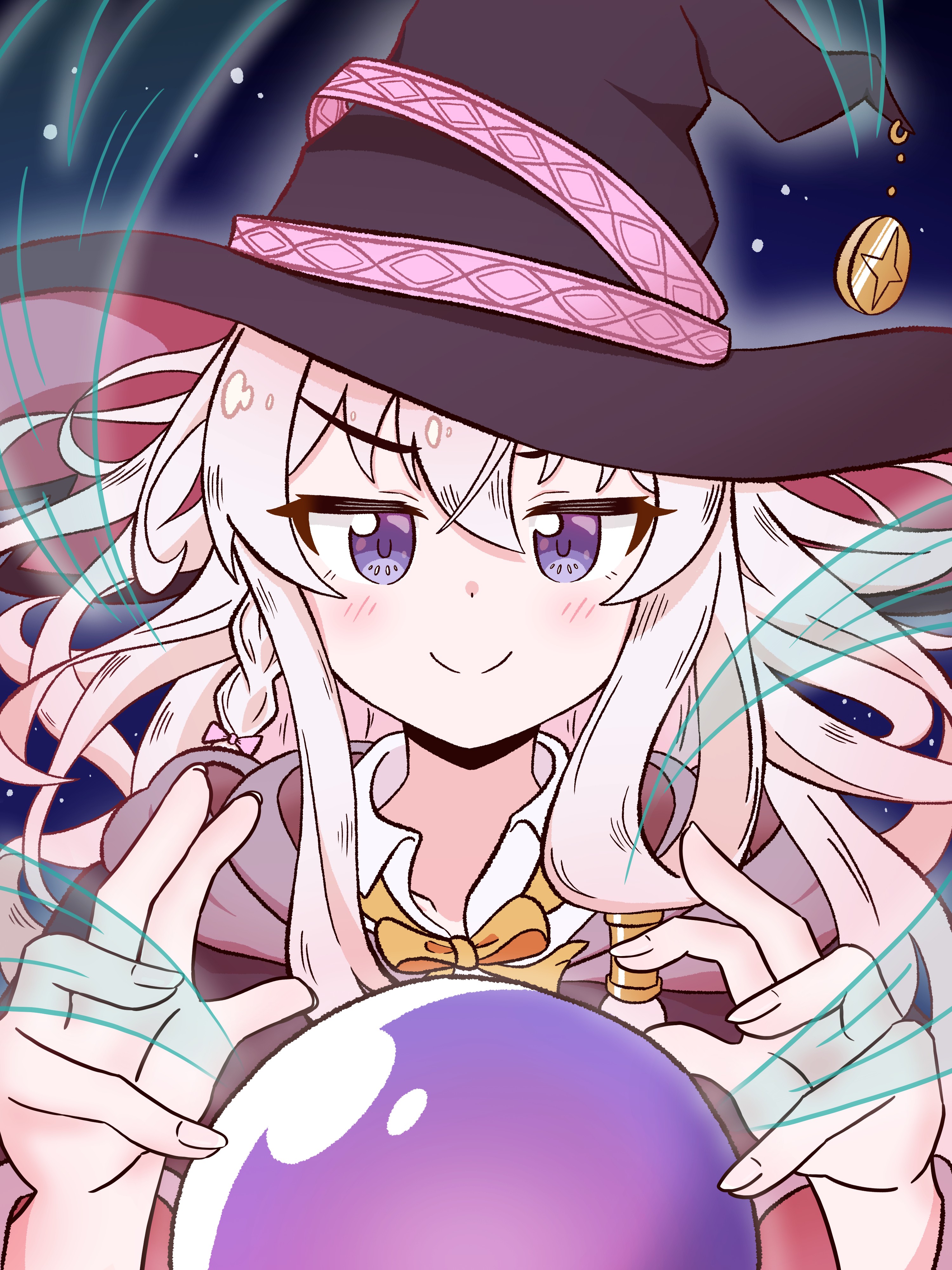 elaina (majo no tabitabi), majo no tabitabi, absurdres, commentary request, highres, 1girl, black hat, blush, choppy bangs, closed mouth, hair between eyes, hat, long hair, looking at viewer, magic, orb, purple eyes, smile, solo, straight-on, upper body, user vunt4555, white hair, witch, witch hat