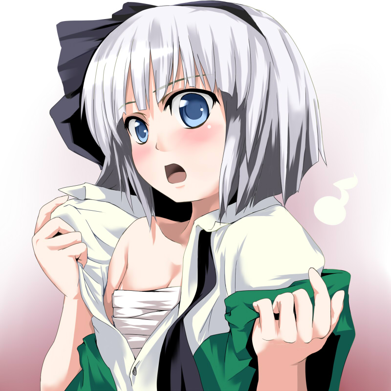 yamu (yamuyama web), konpaku youmu, touhou, silver hair, 1girl, blush, female focus, hairband, ribbon, sarashi, short hair, solo, undressing