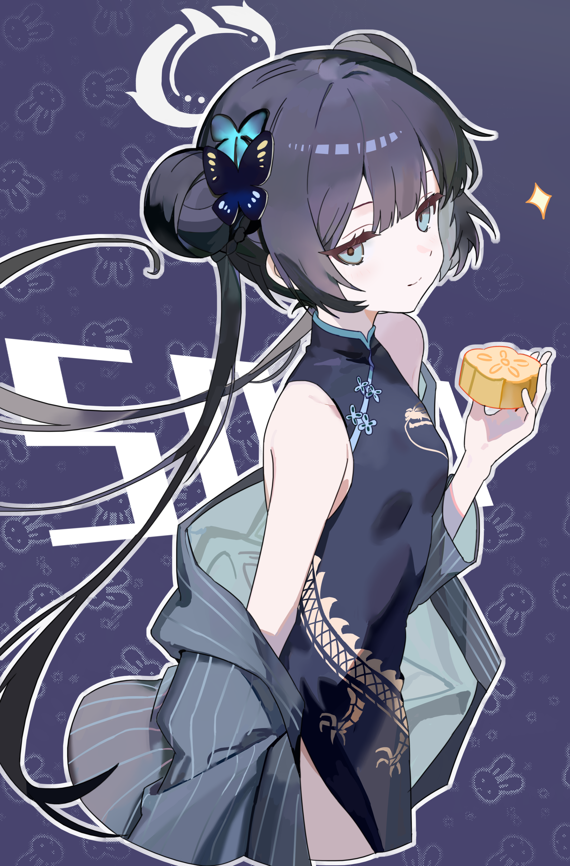 ankry, kisaki (blue archive), blue archive, absurdres, chinese commentary, commentary request, highres, 1girl, bare shoulders, black hair, black jacket, blunt bangs, braid, braided bun, breasts, butterfly hair ornament, china dress, chinese clothes, closed mouth, cowboy shot, cropped legs, double bun, dragon print, dress, eyelashes, floating hair, food, grey eyes, grey halo, hair bun, hair ornament, halo, hand up, holding, holding food, jacket, jacket partially removed, long hair, looking at viewer, milestone celebration, open clothes, open jacket, outline, print dress, purple background, simple background, sleeveless, sleeveless dress, small breasts, smile, solo, sparkle, striped clothes, striped jacket, tsurime, twintails, vertical-striped clothes, vertical-striped jacket, very long hair, white outline