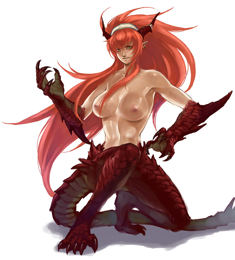 wakky, original, 1girl, breasts, claws, dragon girl, female focus, green eyes, horns, large breasts, long hair, looking at viewer, monster girl, nipples, pointy ears, red hair, simple background, smile, solo, tail, very long hair, white background