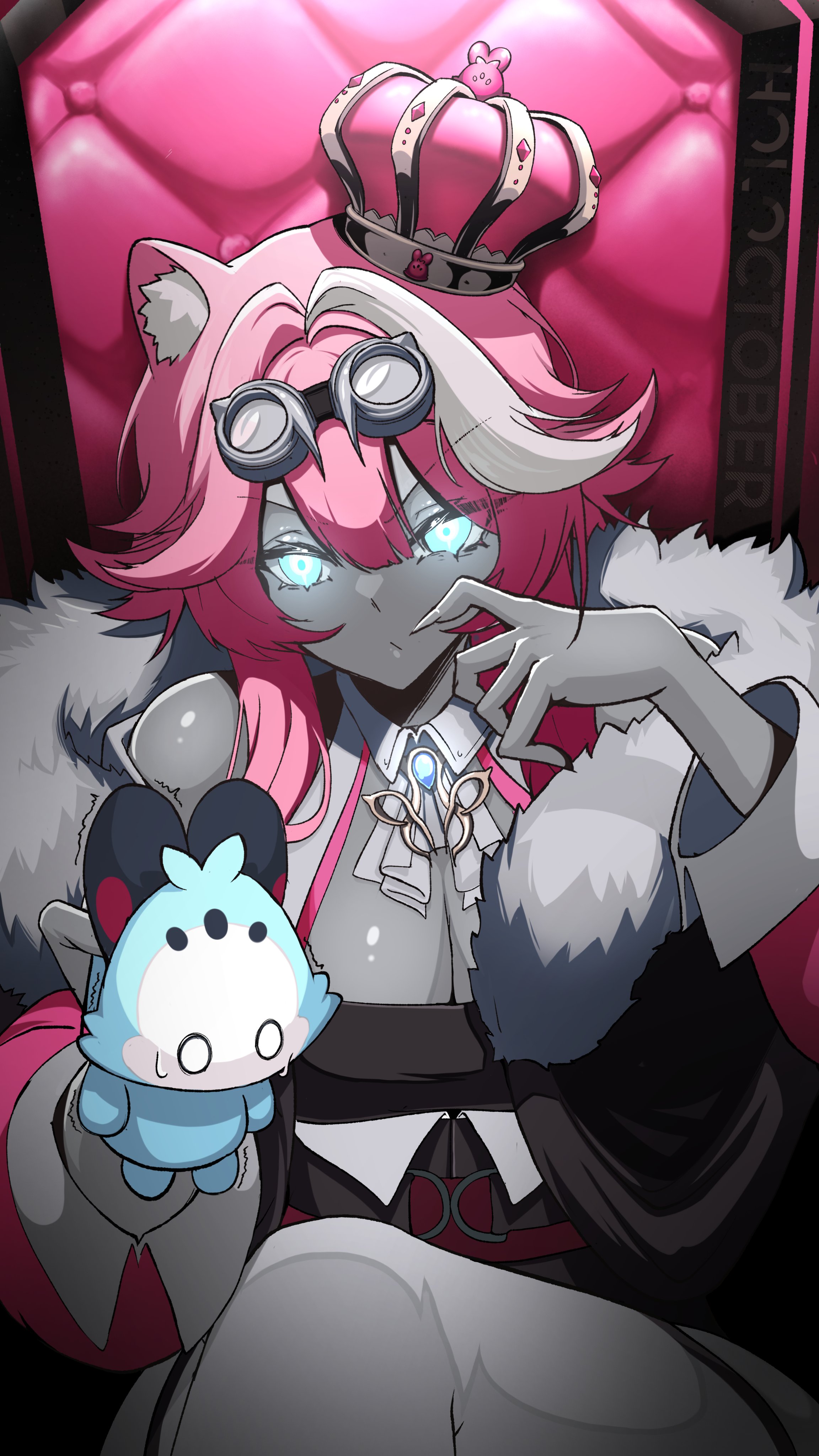 clero (viprimo), chattino (raora panthera), raora panthera, hololive, hololive english, king (vocaloid), absurdres, highres, 1girl, animal ear fluff, animal ears, blue eyes, breasts, brooch, cleavage, crown, eyewear on head, holding, jewelry, multicolored hair, panther ears, panther girl, pink hair, streaked hair, trembling, virtual youtuber, white hair