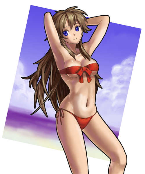 kanisuki, bad id, bad pixiv id, 1girl, arms up, beach, bikini, blue eyes, brown hair, day, female focus, front-tie top, long hair, red bikini, side-tie bikini bottom, smile, solo, string bikini, swimsuit