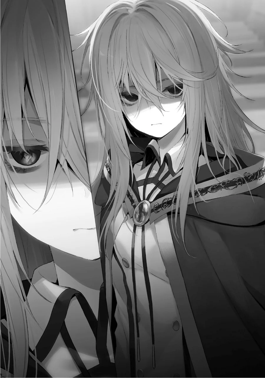 yuunagi (seventh heaven), colette loire, tsue to tsurugi no wistoria, highres, novel illustration, official art, 1girl, breasts, cape, chest jewel, closed mouth, collar, dot nose, female focus, gem, hood, hooded cape, long hair, long sleeves, looking at viewer, medium breasts, monochrome, school uniform, solo, solo focus