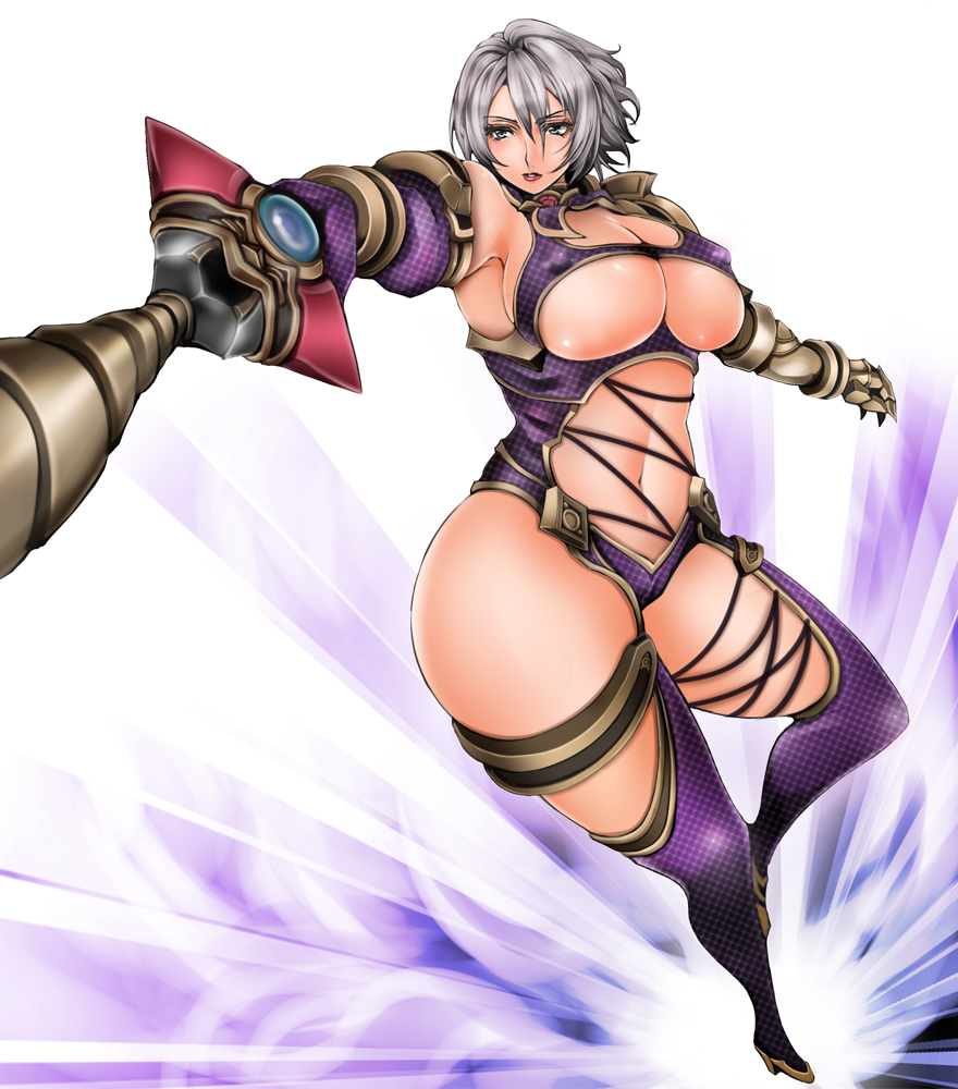 1041 (toshikazu), isabella valentine, soul calibur, soulcalibur, soulcalibur iv, silver hair, 1girl, breasts, cleavage, curvy, female focus, huge breasts, revealing clothes, short hair, solo, sword, thighhighs, underboob, weapon, whip sword