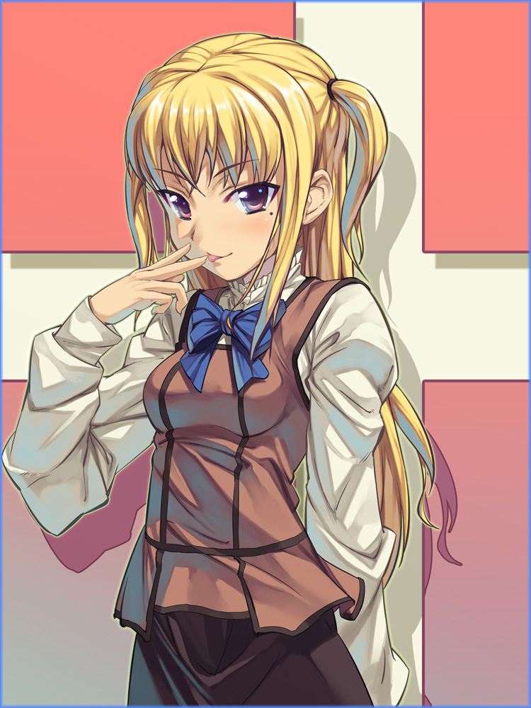 munashi mujou, shidou mariya, maria holic, 00s, 1boy, arm behind back, blonde hair, blouse, blue bow, blue bowtie, border, bow, bowtie, long hair, male focus, mole, mole under eye, naughty face, purple eyes, school uniform, shirt, solo, tongue, trap, two side up, white shirt