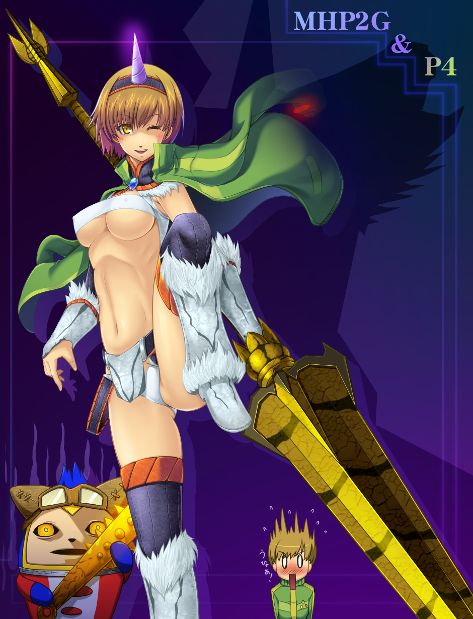 taru neko, felyne, kirin (monster hunter), kuma (persona 4), satonaka chie, shadow (persona), shadow chie, shadow kuma, atlus, capcom, monster hunter (series), persona, persona 4, shin megami tensei, highres, 2girls, breasts, brown hair, cosplay, crossover, dark persona, horns, huge weapon, kirin (armor), kirin (cosplay), large breasts, multiple girls, one eye closed, panties, polearm, short hair, single horn, sword, swordstaff, thighhighs, underboob, underwear, weapon, wink