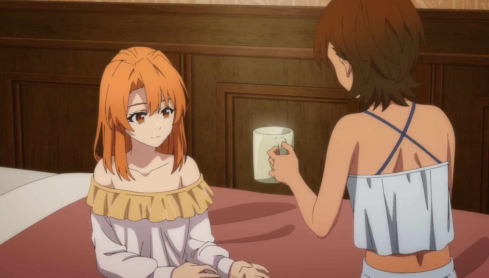 colette loire, tsue to tsurugi no wistoria, anime screenshot, character request, highres, 2girls, bare shoulders, bed, bed sheet, breasts, brown hair, camisole, closed mouth, collarbone, cup, dark-skinned female, dark skin, dot nose, female focus, flat chest, holding, holding cup, medium hair, multiple girls, no bra, orange eyes, orange hair, pajamas, rose prehnite, short hair, small breasts, tan, white camisole