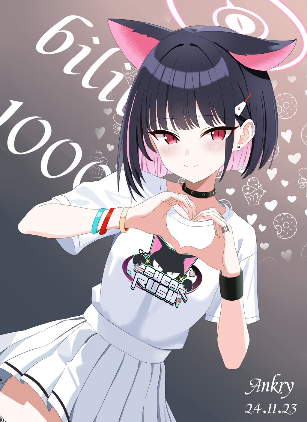 ankry, kazusa (band) (blue archive), kazusa (blue archive), blue archive, chinese commentary, commentary request, highres, 1girl, animal ears, animal print, artist name, black choker, blunt bangs, blunt ends, blush, bob cut, bracelet, cat ears, cat girl, cat print, choker, closed mouth, colored inner animal ears, colored inner hair, cowboy shot, dutch angle, earclip, earrings, extra ears, eyes visible through hair, grey background, hair behind ear, hair ornament, hairclip, halo, hands up, heart, heart hands, jewelry, milestone celebration, miniskirt, multicolored hair, multiple bracelets, official alternate costume, pink halo, pleated skirt, print shirt, red eyes, shirt, short hair, short sleeves, simple background, skirt, slit pupils, smile, solo, split mouth, straight hair, stud earrings, t-shirt, tsurime, two-tone hair, white shirt, white skirt