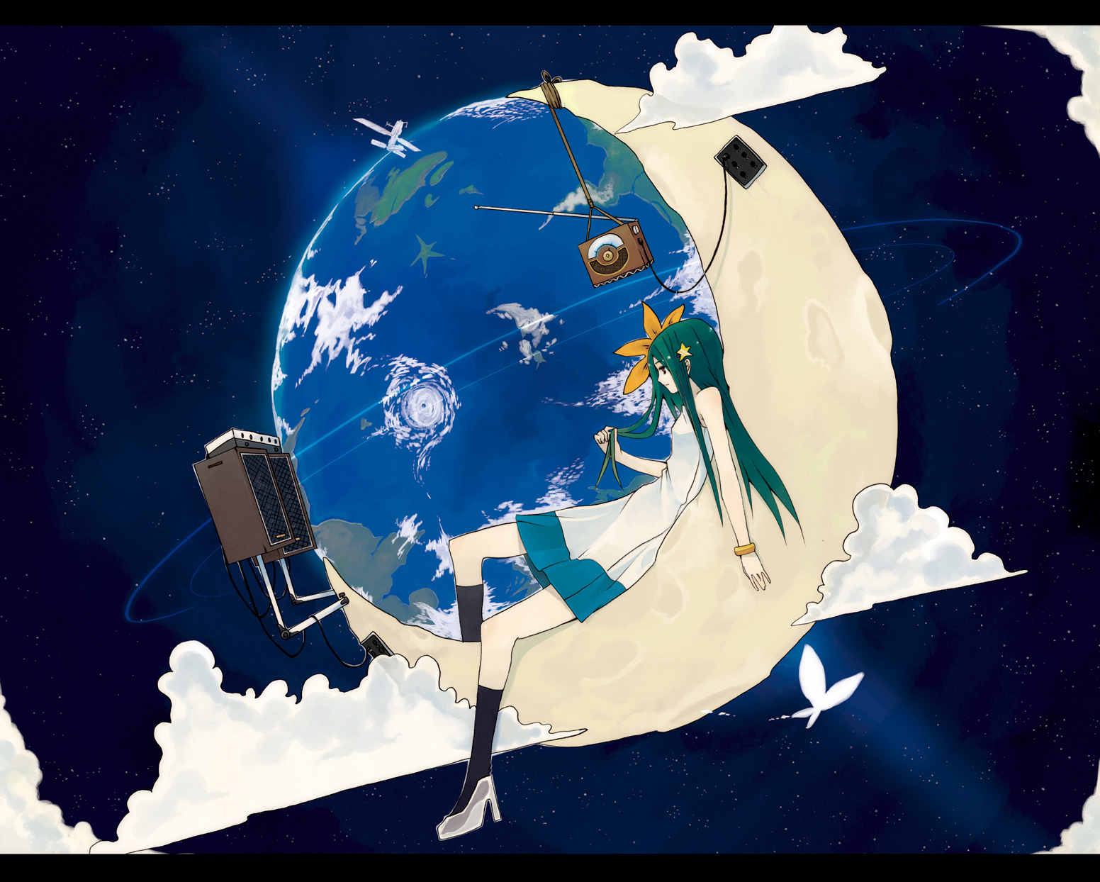 hrd, original, highres, tagme, 1girl, aircraft, airplane, bare arms, bare shoulders, black socks, bug, butterfly, cloud, crescent moon, dress, dutch angle, earth (planet), female focus, from side, green hair, hair ornament, high heels, insect, moon, parted bangs, planet, pumps, radio, shoes, socks, solo, sound system, space, speaker, star (sky), star (symbol), star hair ornament
