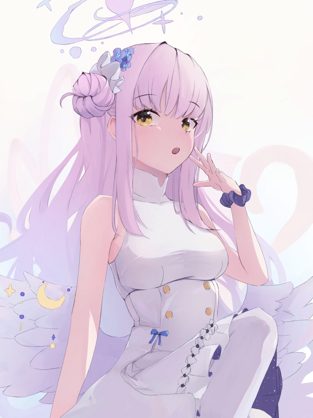 muu441, mika (blue archive), blue archive, highres, 1girl, angel wings, anus, armpit crease, breasts, buttons, collarbone, crescent, double-breasted, dress, feathered wings, flower, hair bun, hair flower, hair ornament, halo, long hair, low wings, medium breasts, open mouth, pantyhose, pink halo, scrunchie, simple background, single hair bun, single side bun, sleeveless, sleeveless dress, solo, very long hair, white background, white dress, white pantyhose, white wings, wings, wrist scrunchie, yellow eyes
