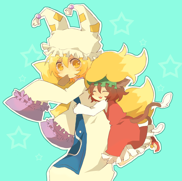 shichi, chen, yakumo ran, touhou, bad id, bad pixiv id, 2girls, aburaage, animal ears, animal hat, blonde hair, blue background, brown hair, cat ears, cat girl, cat tail, female focus, food, fox tail, hat, hug, long sleeves, mob cap, mouth hold, multiple girls, shoes, short hair, tail, tassel, tofu, wide sleeves, yellow eyes