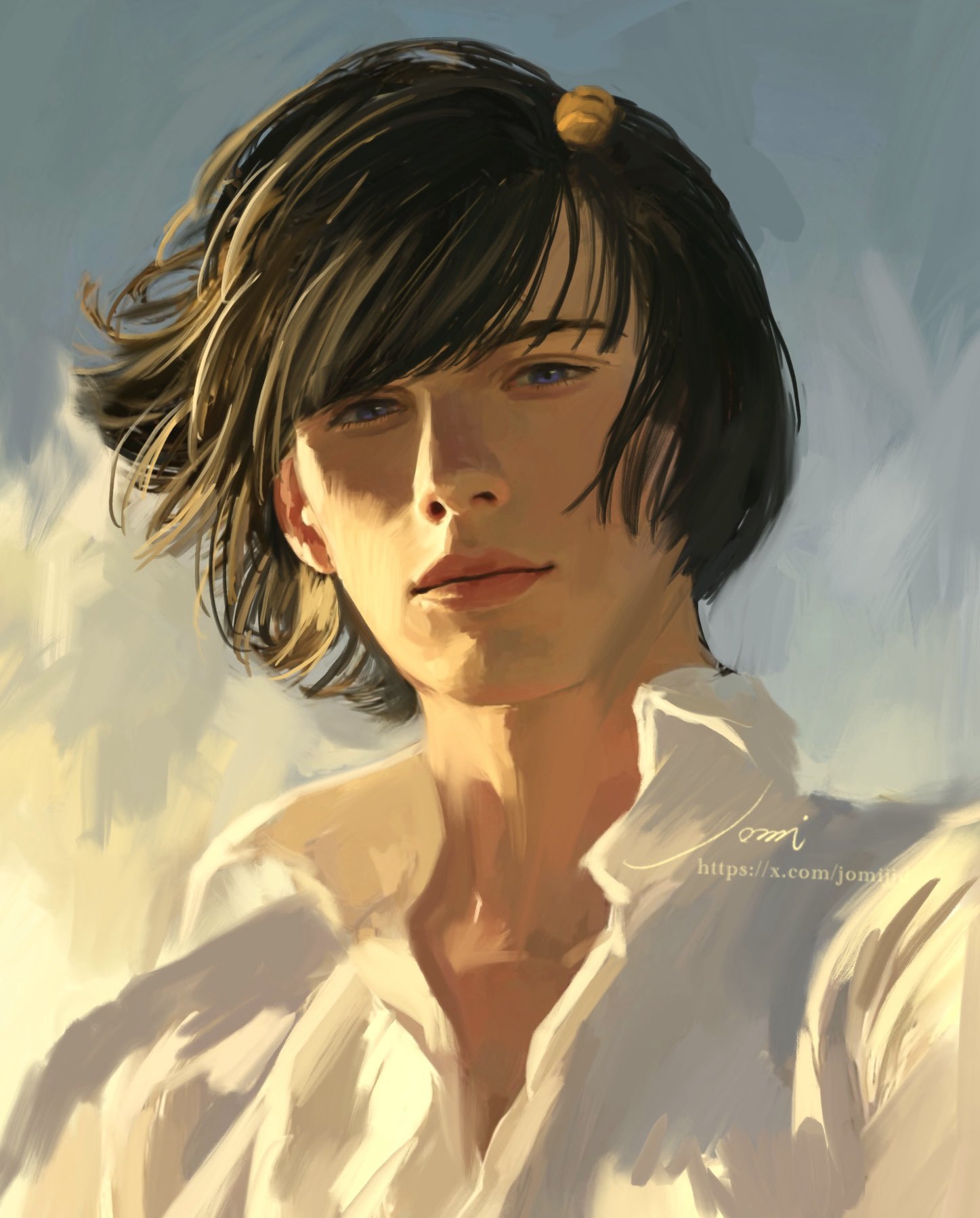 bruno bucciarati, jojo no kimyou na bouken, vento aureo, commentary, highres, 1boy, alternate costume, bishounen, black hair, blue eyes, bob cut, collared shirt, hair ornament, hairclip, jomijjd, lips, male focus, shirt, short hair, solo, white shirt