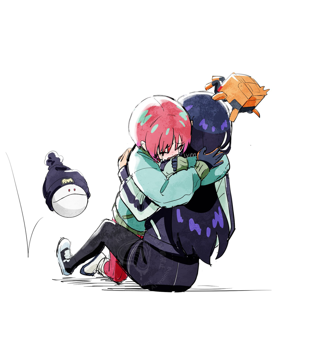 1yen (zxc-vbnm), amate yuzuriha, conch (gundam), haro, nyaan (gundam gquuuuuux), gundam, gundam gquuuuuux, commentary request, highres, 2girls, artist name, beanie, black hair, black hat, comforting, crying, gloves, hat, hug, jacket, long hair, long sleeves, multiple girls, red hair, short hair, sitting, watermark