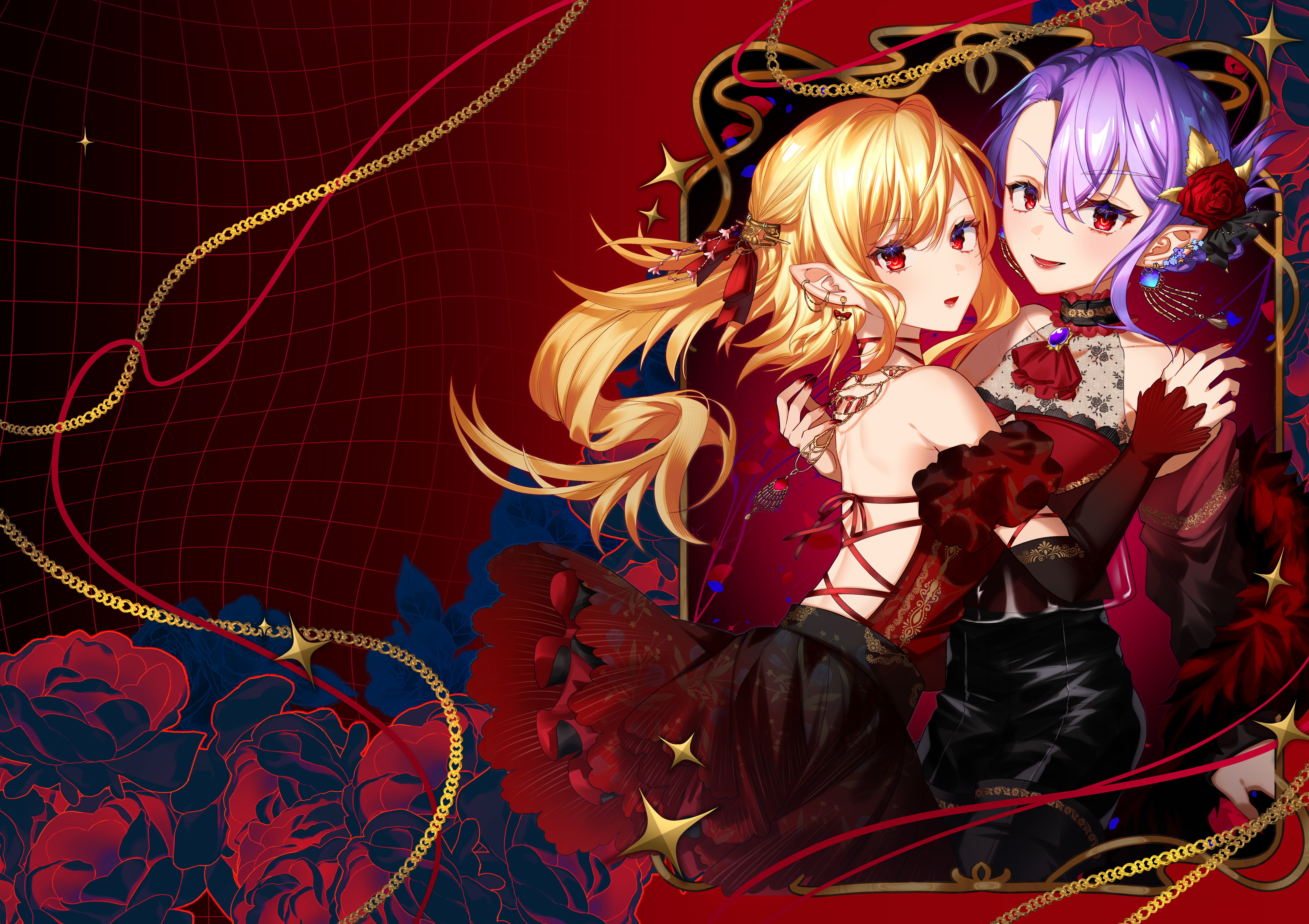 kodouirasto, flandre scarlet, remilia scarlet, touhou, absurdres, commentary request, hairstyle request, highres, 2girls, alternate costume, alternate hairstyle, ascot, backless dress, backless outfit, black choker, black dress, blonde hair, brooch, chain, choker, dress, earrings, flower, frilled choker, frills, gold chain, hair flower, hair ornament, jewelry, lipstick, looking at viewer, makeup, multiple girls, no wings, open mouth, pointy ears, purple hair, red ascot, red eyes, red flower, red lips, red nails, red rose, rose, siblings, sisters, smile