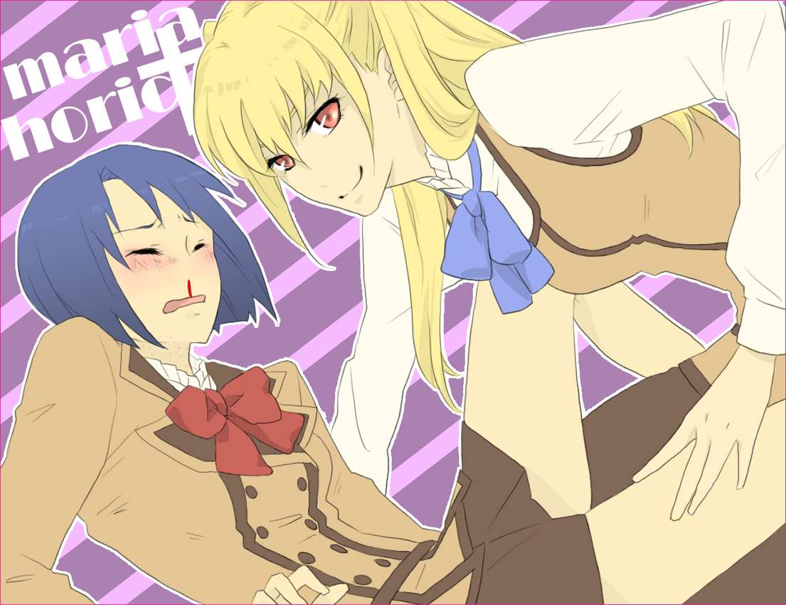 chaha5bai, miyamae kanako, shidou mariya, maria holic, bad id, bad pixiv id, 00s, 1boy, 1girl, blood, flat color, hives, nosebleed, school uniform, trap