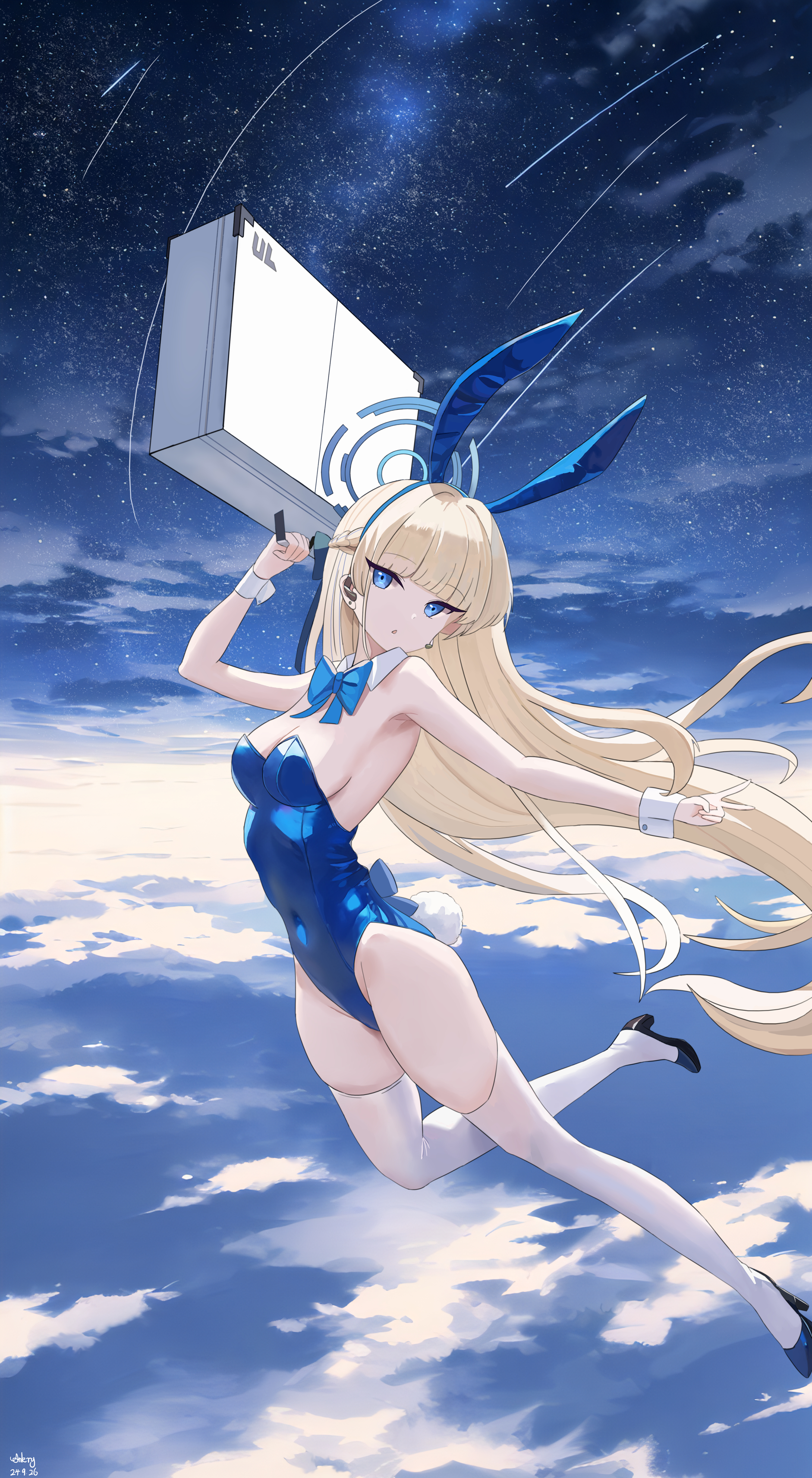 ankry, toki (blue archive), toki (bunny) (blue archive), blue archive, absurdres, chinese commentary, commentary request, highres, 1girl, animal ear hairband, animal ears, back bow, bare shoulders, blonde hair, blue bow, blue bowtie, blue eyes, blue hairband, blue halo, blue leotard, blue shoes, blunt bangs, bow, bowtie, braid, breasts, covered navel, dated, detached collar, fake animal ears, floating hair, full body, hair bow, hair intakes, hairband, half up braid, halo, hand up, high heels, highleg, highleg leotard, holding, holding suitcase, leotard, long hair, medium breasts, meteor shower, night, night sky, open mouth, outdoors, outstretched arm, playboy bunny, rabbit ears, rabbit tail, scenery, shoes, sideboob, signature, skindentation, sky, solo, star (sky), starry sky, strapless, strapless leotard, suitcase, tail, thighhighs, thighs, tsurime, v, very long hair, white thighhighs, white wrist cuffs, wrist cuffs