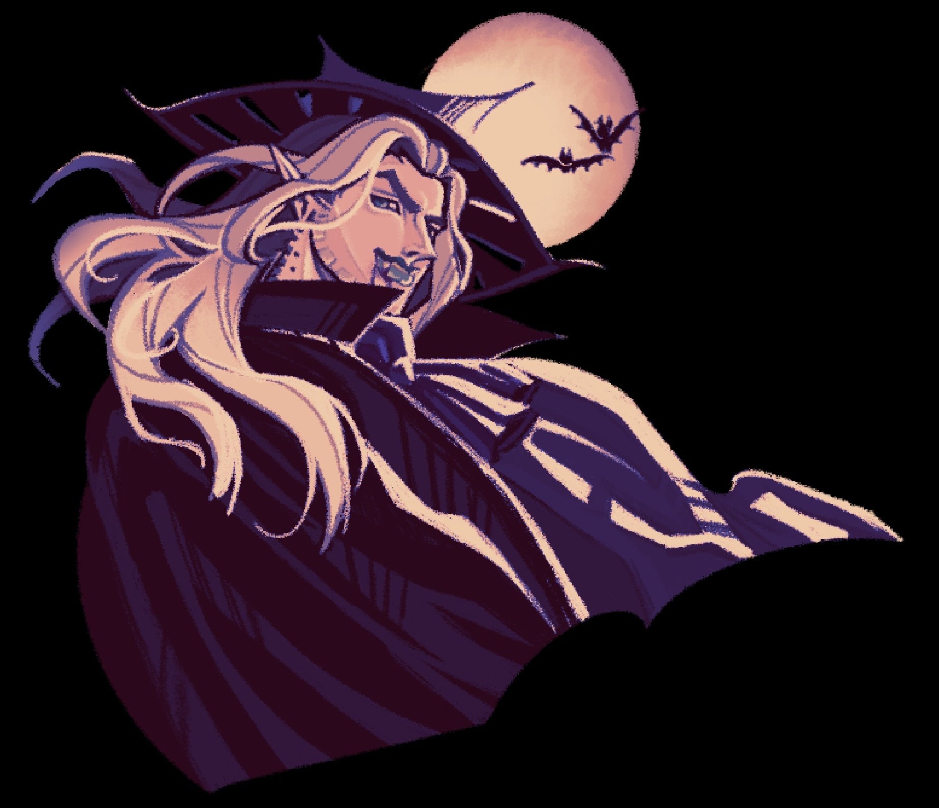 gyro zeppeli, jojo no kimyou na bouken, steel ball run, commentary, english commentary, highres, 1boy, alternate costume, bat (animal), beard, bishounen, black background, black cloak, blue eyes, blue light, cloak, cowboy hat, facial hair, full moon, hat, high collar, long hair, male focus, moon, scrotummuncher, solo, vampire