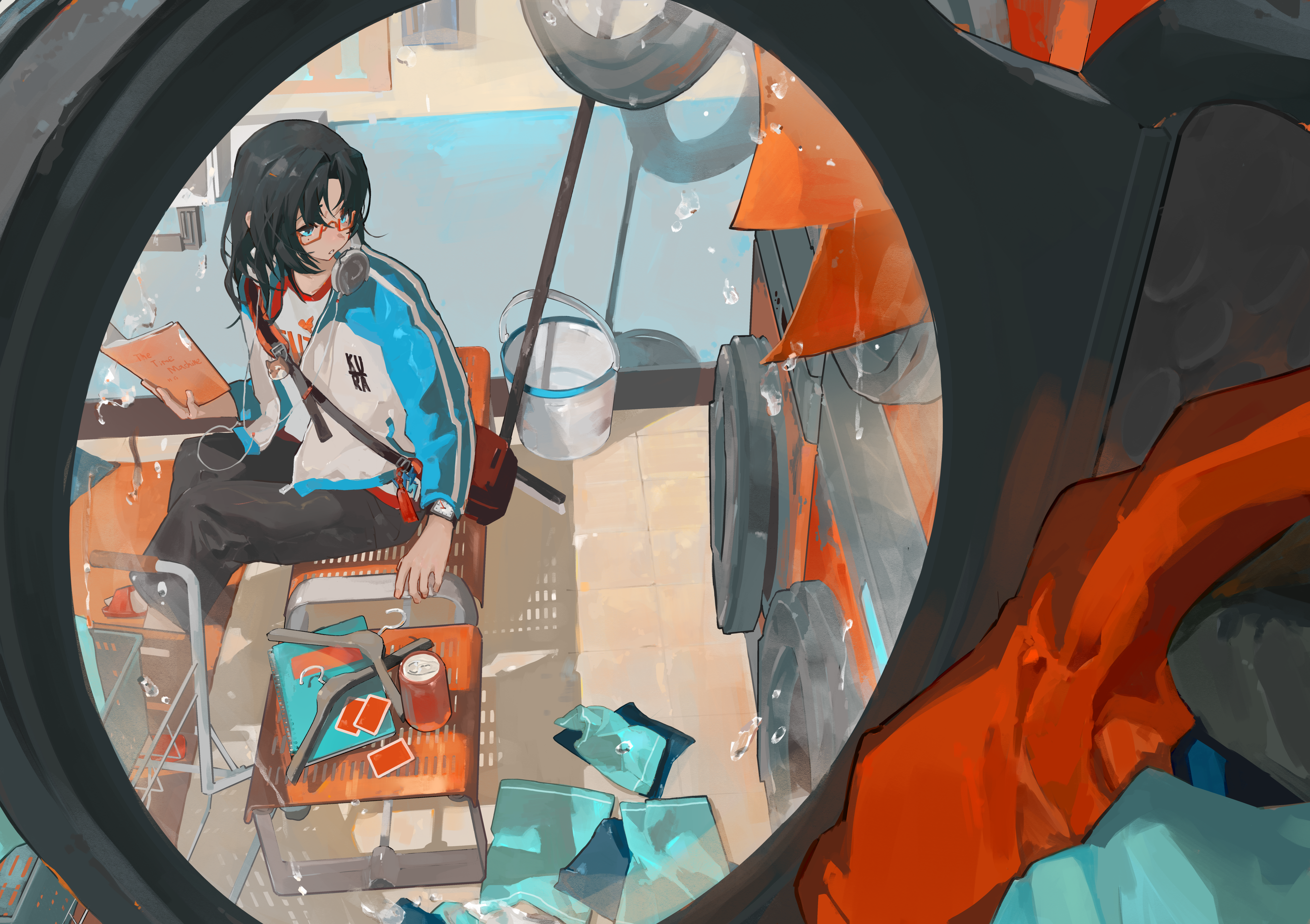 original, absurdres, highres, 1girl, bag, black hair, black pants, blue eyes, book, bucket, can, card, clothes hanger, drink can, english text, expressionless, full body, glasses, holding, holding book, holding unworn clothes, jacket, kuon (gstn5358), long sleeves, looking to the side, medium hair, messy room, multicolored jacket, notebook, open book, open clothes, open jacket, pants, parted lips, playing card, red-framed eyewear, shirt, shoulder bag, sitting, slice of life, solo, tile floor, tiles, turning head, washing machine, watch, white shirt, wristwatch