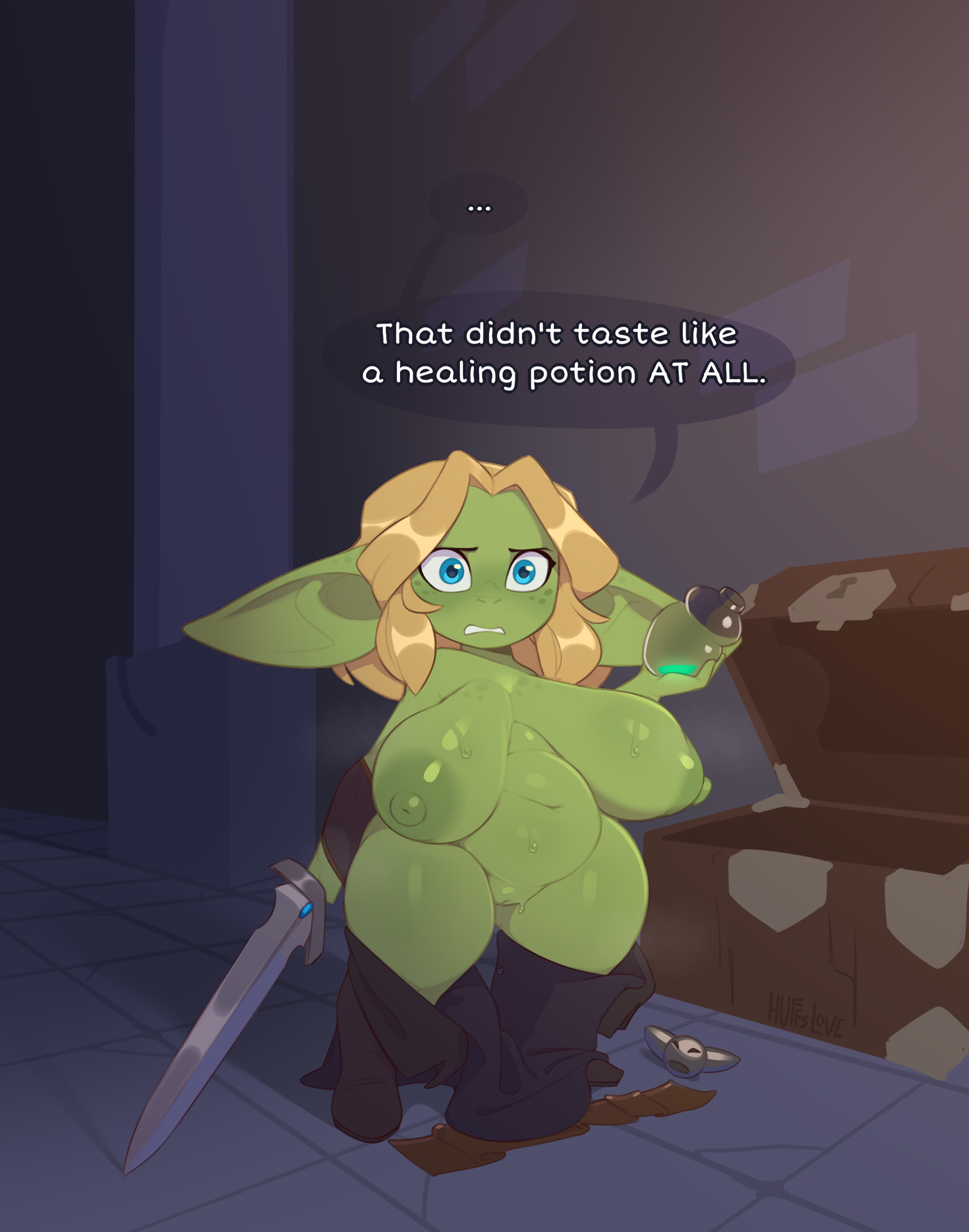 huffslove, original, highres, 1girl, blonde hair, blue eyes, breasts, colored skin, english text, female goblin, goblin, green skin, large breasts, large ears, nipples, nude, oversized clothes, plump, potion, pussy, shortstack, solo, sword, syllia (huffslove), transformation, weapon, wide hips
