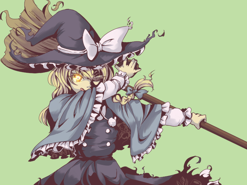 aryus, kirisame marisa, touhou, bad id, bad pixiv id, 1girl, blonde hair, broom, dress, female focus, glowing, glowing eyes, hat, mini-hakkero, ribbon, short hair, simple background, solo, tongue, witch, witch hat, yellow eyes