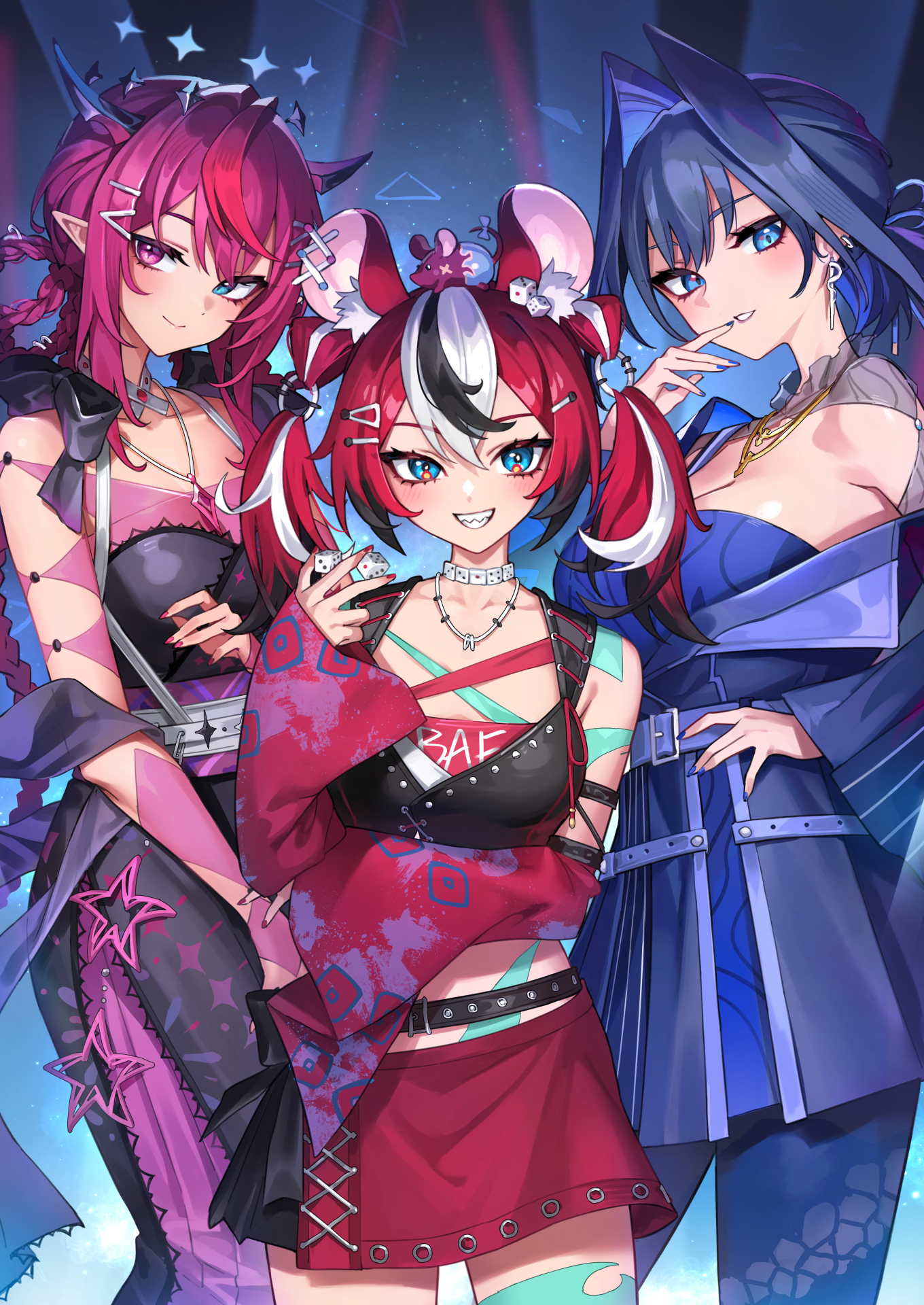 oopartz yang, hakos baelz, irys (hololive), mr. squeaks (hakos baelz), ouro kronii, hololive, hololive english, commentary, english commentary, highres, 3girls, animal, animal ear fluff, animal ears, animal on head, belt, black belt, black dress, black hair, black shawl, black shirt, blue coat, blue eyes, blue hair, blue pantyhose, blue shirt, braid, braided hair rings, breasts, bright pupils, choker, closed mouth, coat, colored inner hair, colored tips, crossed bangs, detached hair, detached sleeves, dice, dice hair ornament, double-parted bangs, double halo, dress, fanged bangs, grin, hair between eyes, hair flaps, hair intakes, hair ornament, hair rings, hairclip, halo, hand on own hip, hand up, heterochromia, holding, holding dice, horns, jewelry, large breasts, layered dress, long hair, looking at viewer, medium breasts, miniskirt, mouse ears, mouse girl, multicolored hair, multiple girls, necklace, official alternate costume, official alternate hairstyle, on head, pantyhose, parted lips, pointy ears, print dress, purple eyes, purple hair, purple skirt, purple sleeves, red hair, shawl, shirt, short hair, single off shoulder, skirt, sleeveless, sleeveless dress, sleeveless shirt, smile, snake print, star halo, streaked hair, twin braids, twintails, very long hair, virtual youtuber, white choker, white hair, white pupils