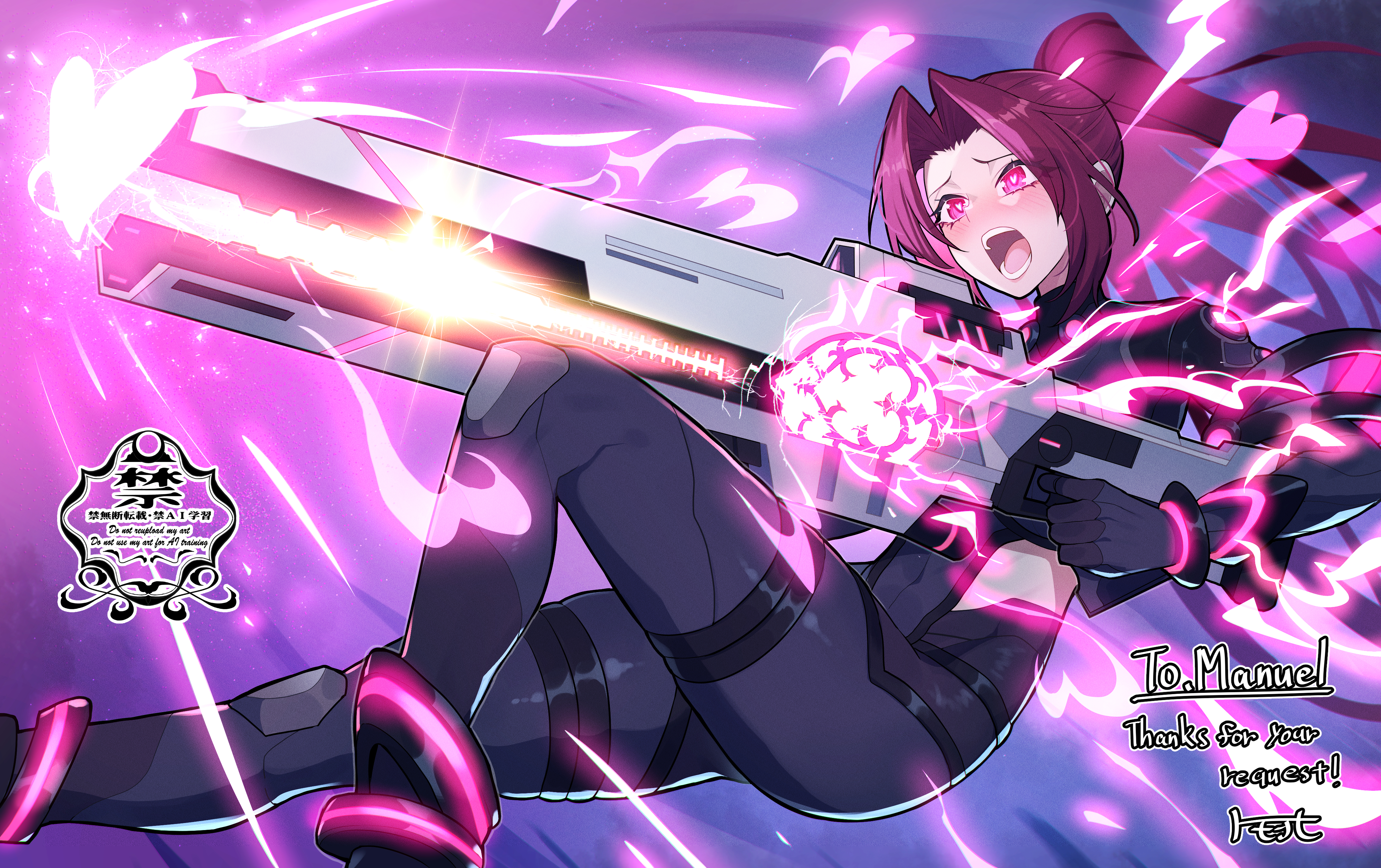 matsumoto tomoyohi, original, absurdres, commentary request, commission, highres, pixiv commission, 1girl, black bodysuit, blush, bodysuit, curtained hair, feet out of frame, finger on trigger, firing, glowing, gun, heart, heart-shaped pupils, holding, holding gun, holding weapon, long hair, open mouth, pink eyes, ponytail, purple hair, railgun, raised inner eyebrows, solo, symbol-shaped pupils, watermark, weapon