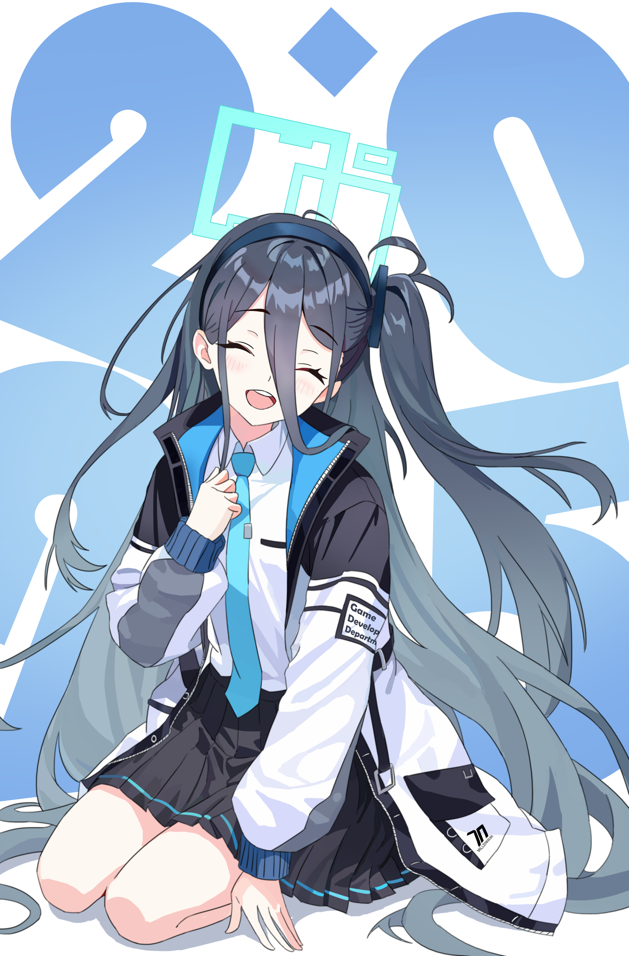 ankry, aris (blue archive), blue archive, absurdres, chinese commentary, commentary request, highres, 1girl, 2025, :d, ^ ^, aqua halo, black hair, black hairband, black shirt, blue necktie, blush, clenched hand, closed eyes, collared shirt, double-parted bangs, dress shirt, facing viewer, floating hair, full body, hair between eyes, hair over shoulder, hair spread out, hairband, halo, hand up, happy, jacket, long hair, long hair between eyes, long sleeves, millennium science school logo, miniskirt, necktie, new year, one side up, open clothes, open jacket, open mouth, pleated skirt, rectangular halo, school uniform, seiza, shadow, shirt, simple background, sitting, skirt, smile, solo, teeth, upper teeth only, very long hair, white background, white jacket, white shirt