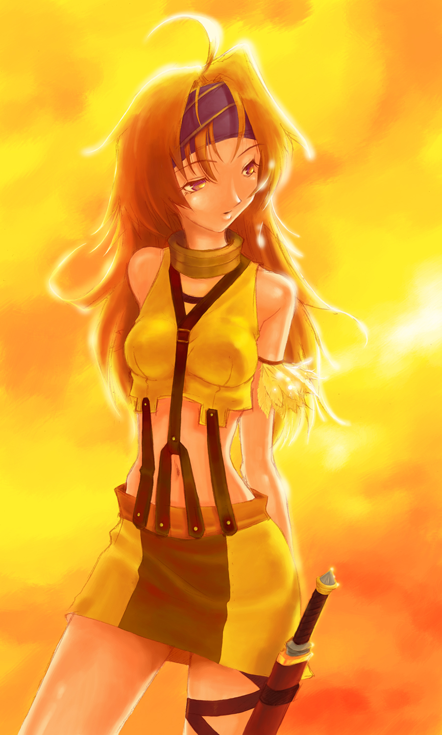 romamu, lion (ff11), final fantasy, final fantasy xi, highres, 00s, 1girl, arms behind back, bare shoulders, blue eyes, breasts, brown hair, female focus, gradient background, long hair, midriff, miniskirt, skirt, solo, sword, weapon