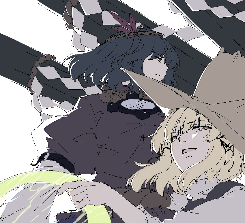 sakuraba yuuki, moriya suwako, yasaka kanako, touhou, 2girls, female focus, hat, moriya's iron rings, multiple girls, oekaki