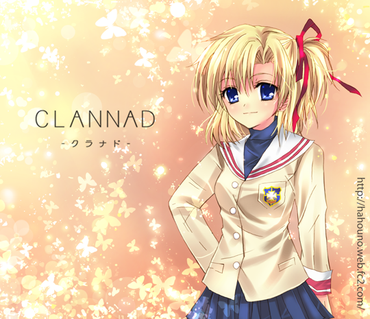 yakumo rui, sunohara youhei, sunohara youko, clannad, bad id, bad pixiv id, 00s, 1girl, blonde hair, blue eyes, female focus, genderswap, genderswap (mtf), hair ribbon, ribbon, school uniform, side ponytail, solo
