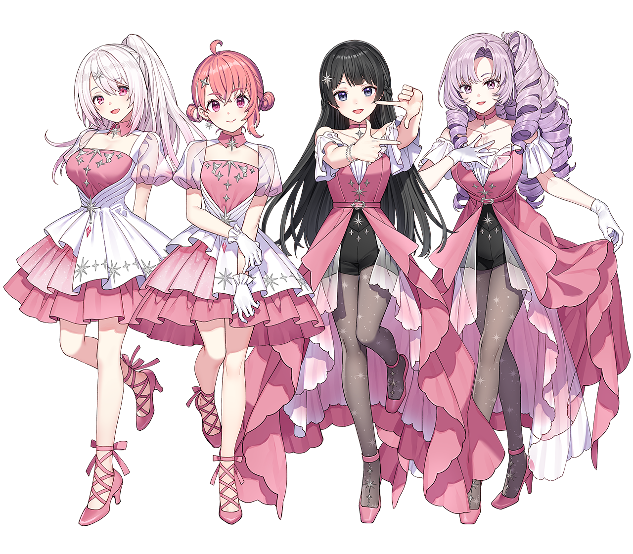 hyakumantenbara salome, sasaki saku, shiina yuika, tsukino mito, nijisanji, artist request, official art, second-party source, 4girls, :d, ahoge, ankle strap, arms behind back, bare shoulders, black hair, black shorts, blush, bracelet, braid, breasts, chest tattoo, choker, clothing cutout, collarbone, collared dress, crossed bangs, curtained hair, double bun, dress, drill hair, finger frame, flats, frilled dress, frilled gloves, frills, gloves, grey pantyhose, group picture, hair bun, hair ornament, half up braid, hand on own arm, hand on own chest, hands up, high-waist shorts, high heels, jewelry, layered dress, long dress, long hair, looking at viewer, matching outfits, medium breasts, multicolored hair, multiple girls, off-shoulder dress, off shoulder, official alternate costume, open mouth, pantyhose, parted bangs, pendant choker, pink choker, pink dress, pink eyes, pink ribbon, pink shoes, ponytail, print pantyhose, puffy short sleeves, puffy sleeves, purple eyes, purple hair, ribbon, see-through clothes, see-through skirt layer, see-through sleeves, shoes, short dress, short sleeves, shorts, showgirl skirt, simple background, single sidelock, skirt hold, small breasts, smile, standing, standing on one leg, star (symbol), star hair ornament, star pendant, star print, strappy heels, streaked hair, swept bangs, tattoo, transparent background, very long hair, virtual youtuber, white dress, white gloves, white hair