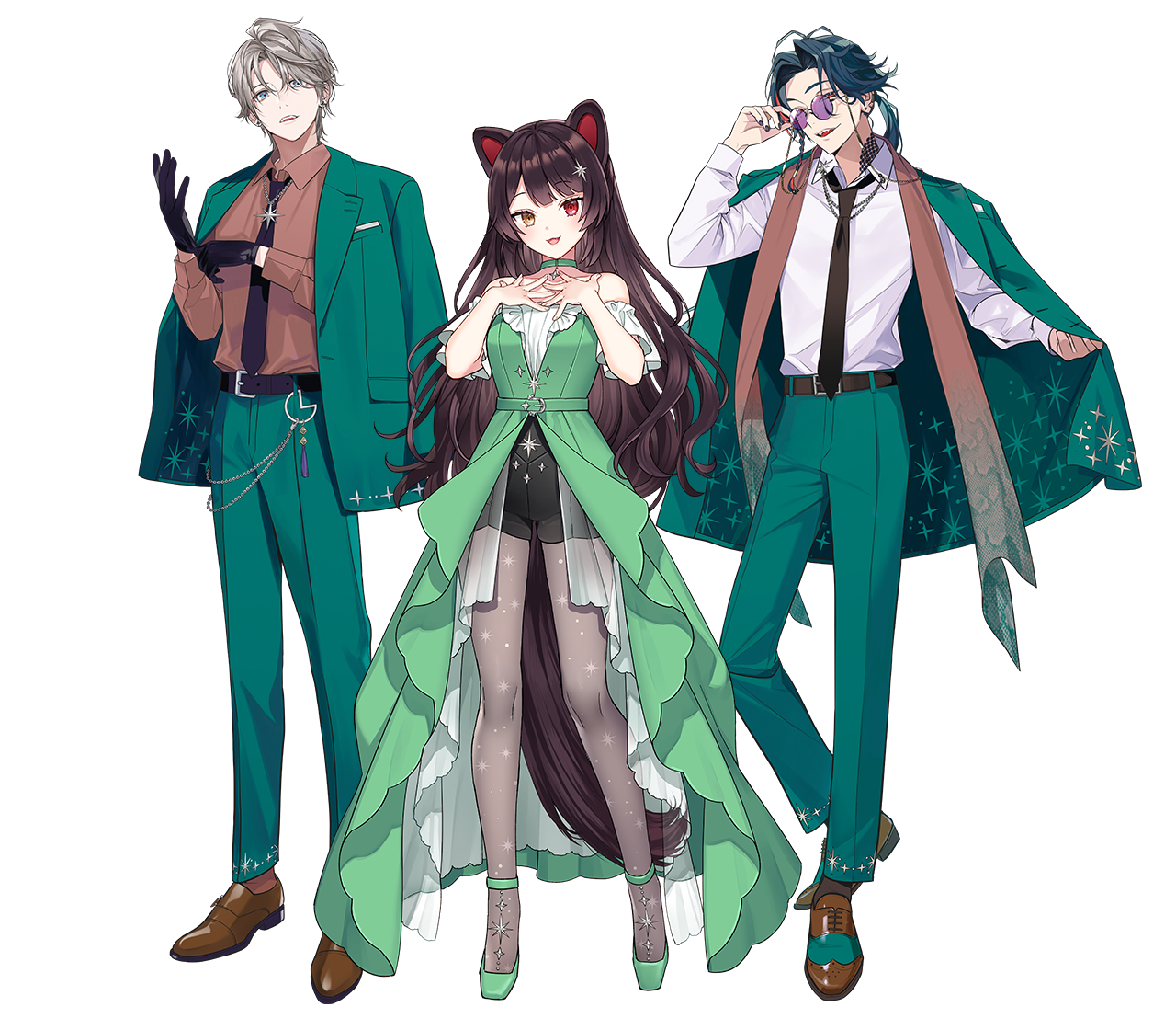inui toko, kaida haru, kaisei (nijisanji), nijisanji, artist request, official art, second-party source, 1girl, 2boys, adjusting clothes, adjusting eyewear, adjusting gloves, animal ears, ankle strap, bare shoulders, belt, black belt, black gloves, black nails, black necktie, black shorts, blue eyes, blue hair, blush, braid, brown hair, brown shawl, brown shirt, brown shoes, chain, choker, collared shirt, curtained hair, dog ears, dog girl, dress, eyewear strap, formal clothes, gloves, green choker, green dress, green jacket, green pants, green shoes, green suit, grey hair, grey pantyhose, group picture, hair ornament, hand up, hands on own chest, hands up, heterochromia, high-waist shorts, jacket, jacket on shoulders, long bangs, long dress, long hair, long sleeves, looking at viewer, matching outfits, monk shoes, multicolored hair, multiple boys, nail polish, necktie, off-shoulder dress, off shoulder, official alternate costume, open mouth, pants, pantyhose, pendant choker, ponytail, print pantyhose, purple-tinted eyewear, red eyes, red hair, round eyewear, saddle shoes, see-through skirt layer, shawl, shirt, shirt tucked in, shoes, short hair, short sleeves, shorts, showgirl skirt, side braid, simple background, smile, standing, star (symbol), star hair ornament, star pendant, star print, streaked hair, suit, tassel, tinted eyewear, transparent background, two-tone hair, very long hair, virtual youtuber, white shirt, yellow eyes