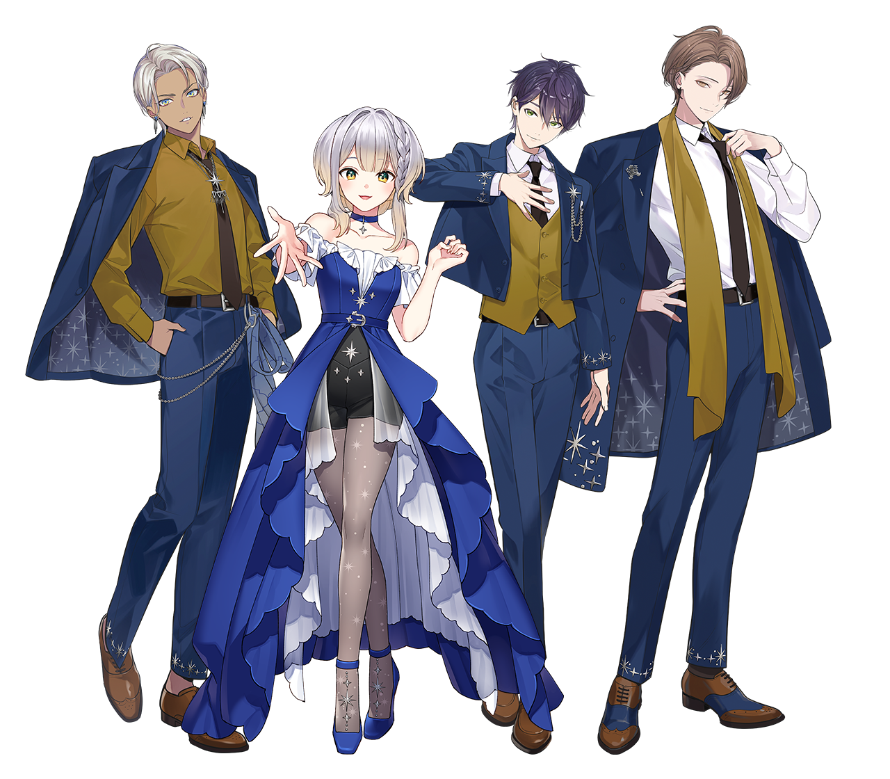 ibrahim (nijisanji), kagami hayato, kenmochi touya, shioriha ruri, nijisanji, artist request, official art, second-party source, 1girl, 3boys, :d, adjusting clothes, adjusting necktie, ankle strap, bare shoulders, belt, black belt, black necktie, black shorts, blonde hair, blue choker, blue dress, blue eyes, blue jacket, blue pants, blue shoes, blue suit, braid, breasts, brown eyes, brown hair, brown shawl, brown shirt, brown shoes, brown vest, chain, choker, closed mouth, collarbone, collared shirt, curtained hair, dark skin, dress, earrings, flats, formal clothes, gradient hair, green eyes, grey hair, grey pantyhose, group picture, hair intakes, hand on own hip, hand up, hands in pockets, hands on own chest, high-waist shorts, jacket, jacket on shoulders, jewelry, lapel pin, lapels, layered dress, long dress, long sleeves, looking at viewer, matching outfits, multicolored eyes, multicolored hair, multiple boys, necktie, off-shoulder dress, off shoulder, official alternate costume, open clothes, open jacket, open mouth, outstretched arm, oxfords, pants, pantyhose, parted lips, pendant choker, print pantyhose, purple hair, saddle shoes, see-through skirt layer, shawl, shirt, shirt tucked in, shoes, short hair, short sleeves, shorts, showgirl skirt, side part, simple background, small breasts, smile, standing, star (symbol), star ornament, star pendant, star print, suit, suit jacket, transparent background, two-tone eyes, updo, vest, virtual youtuber, waistcoat, white hair, white shirt, yellow eyes