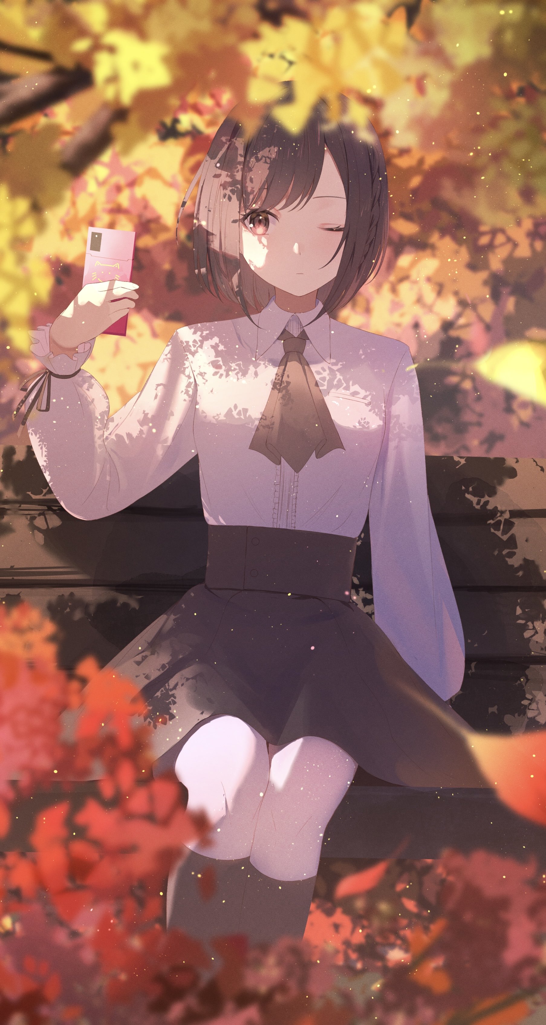 howless, shinonome ena, project sekai, absurdres, highres, 1girl, ascot, autumn leaves, bench, black ascot, black skirt, blurry, brown hair, cellphone, closed mouth, collared shirt, frills, head out of frame, high-waist skirt, holding, holding phone, leaf, long sleeves, on bench, outdoors, pantyhose, park bench, phone, puffy long sleeves, puffy sleeves, shirt, short hair, sitting, skirt, solo, white pantyhose, white shirt